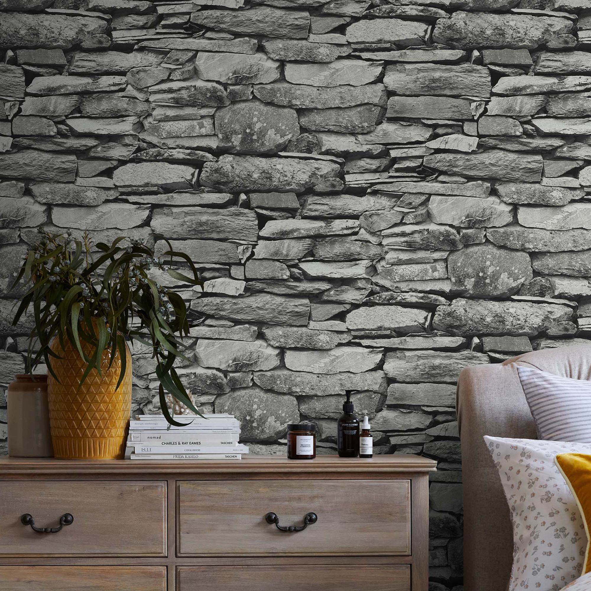 Next Ledgestone wall Grey Smooth Wallpaper