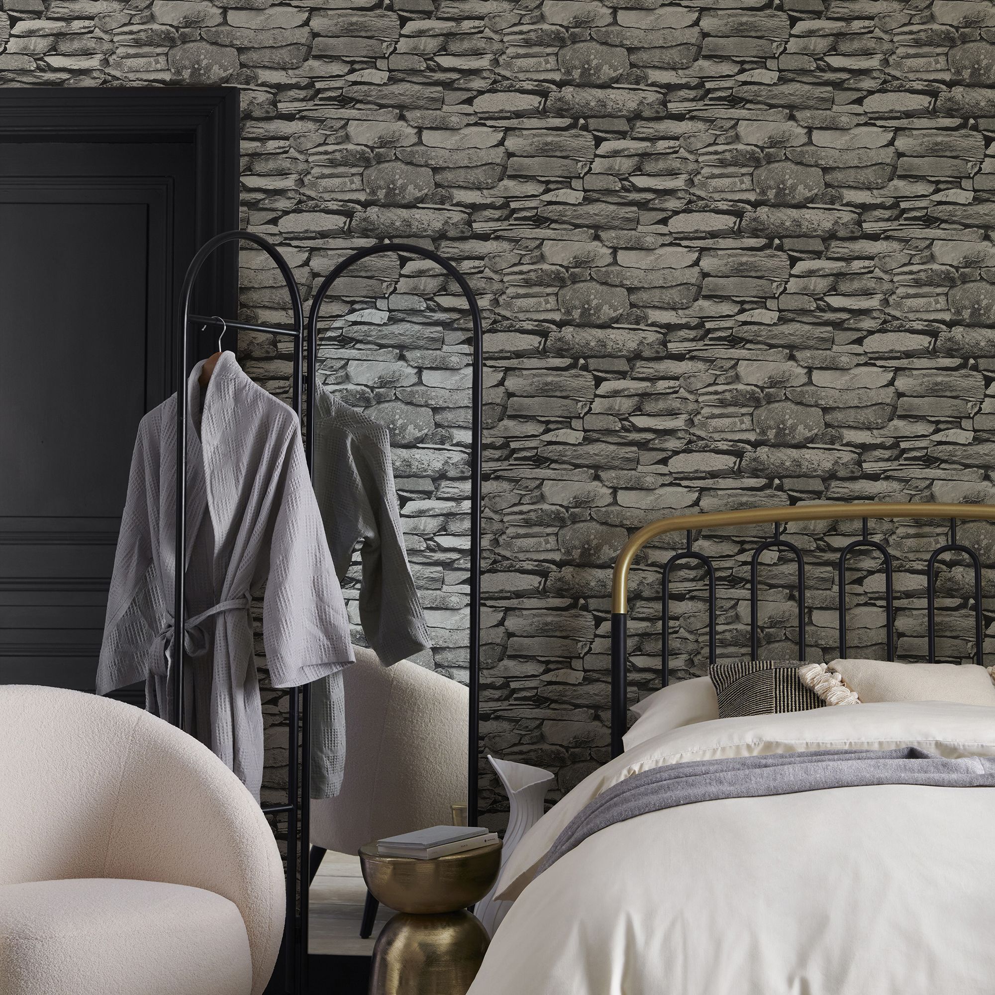 Next Ledgestone wall Grey Smooth Wallpaper