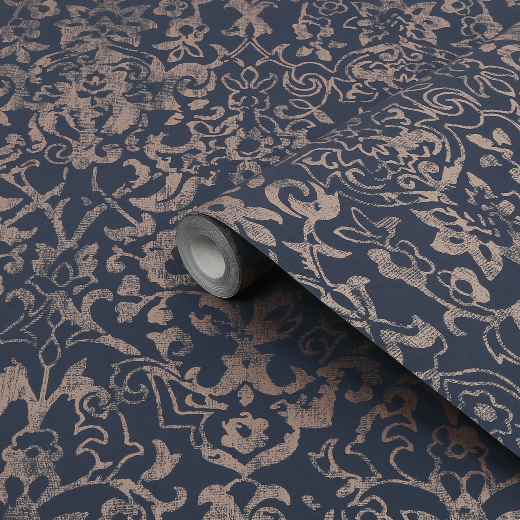 Next Majestic damask Navy Metallic effect Smooth Wallpaper Sample