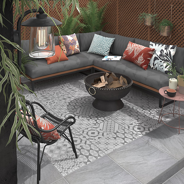 Nordic Décor Grey Matt Geometric Stone Effect Porcelain Outdoor Floor Tile Pack Of 2 L 600mm W Diy At B Q - Outdoor Wall Tiles With Stone Effect