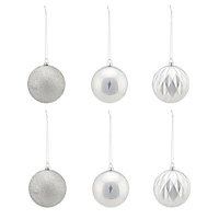 Nordic tradition Matt Silver Glitter effect Assorted Bauble, Pack of 6
