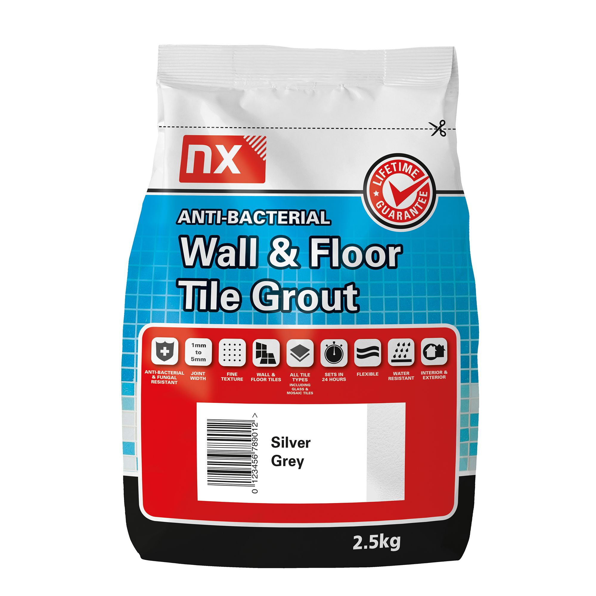 NX Anti-bacterial Fine Textured Silver Grey Tile Grout, 2.5kg | DIY At B&Q