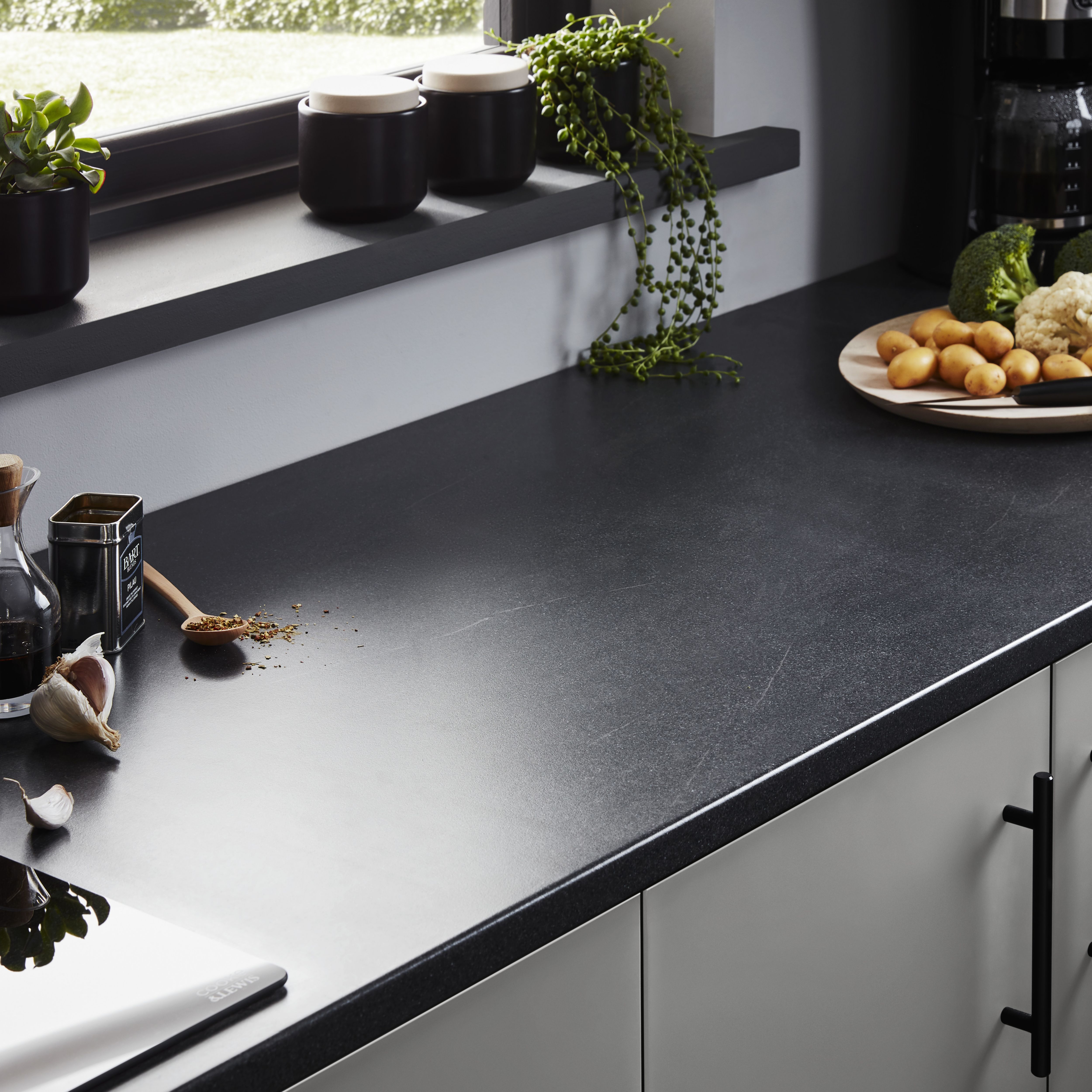 OPP Dark stone effect Stone effect Laminate Post-formed edge Kitchen Worktop, (L)2400mm (W)620mm (T)28mm