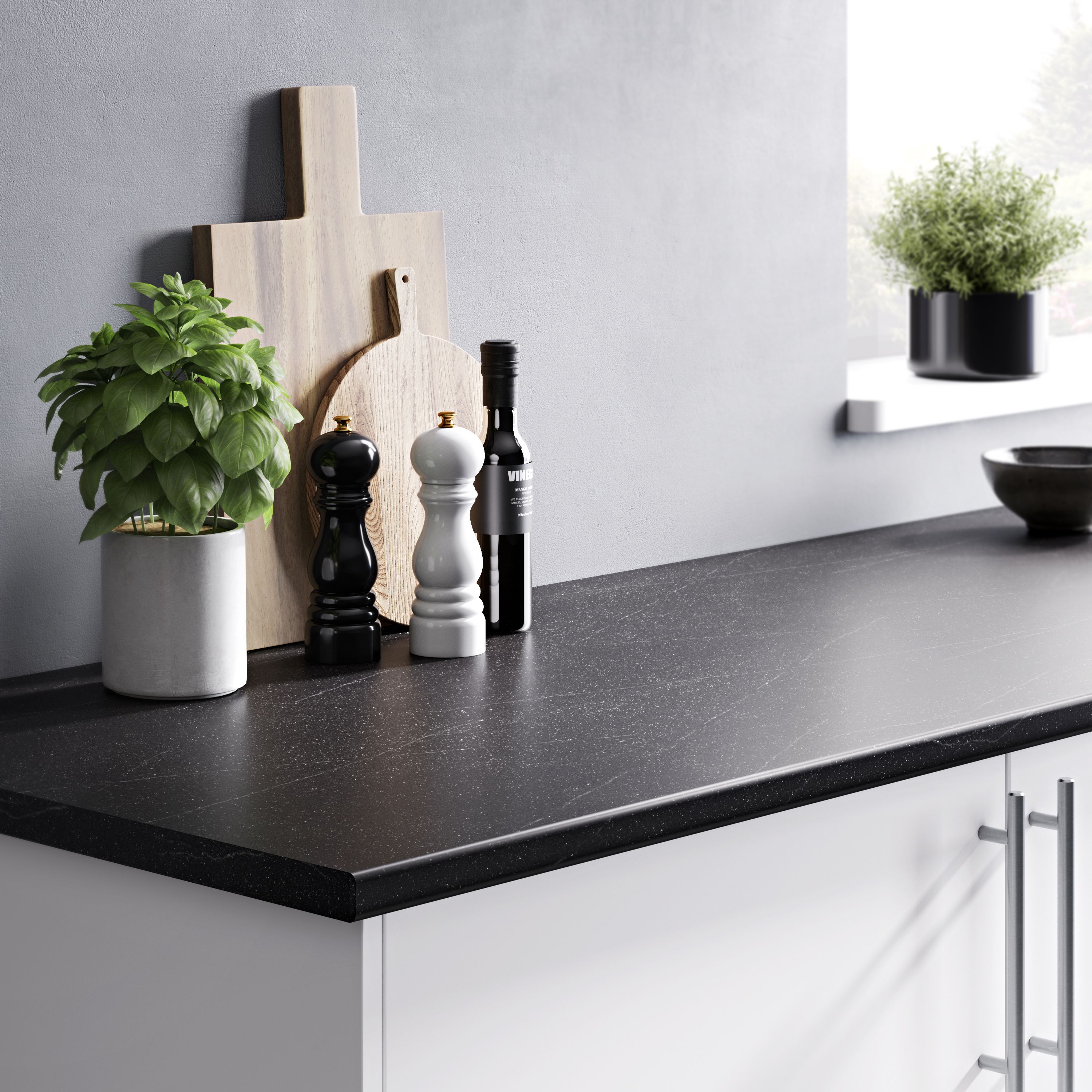 OPP Dark stone effect Stone effect Laminate Post-formed edge Kitchen Worktop, (L)2400mm (W)620mm (T)28mm