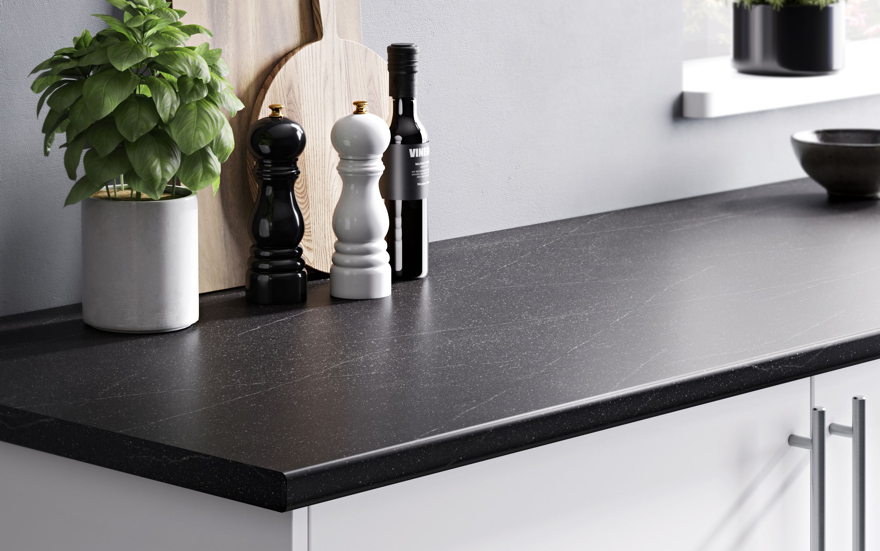 OPP Dark stone effect Stone effect Laminate Post-formed edge Kitchen Worktop, (L)2400mm (W)620mm (T)28mm