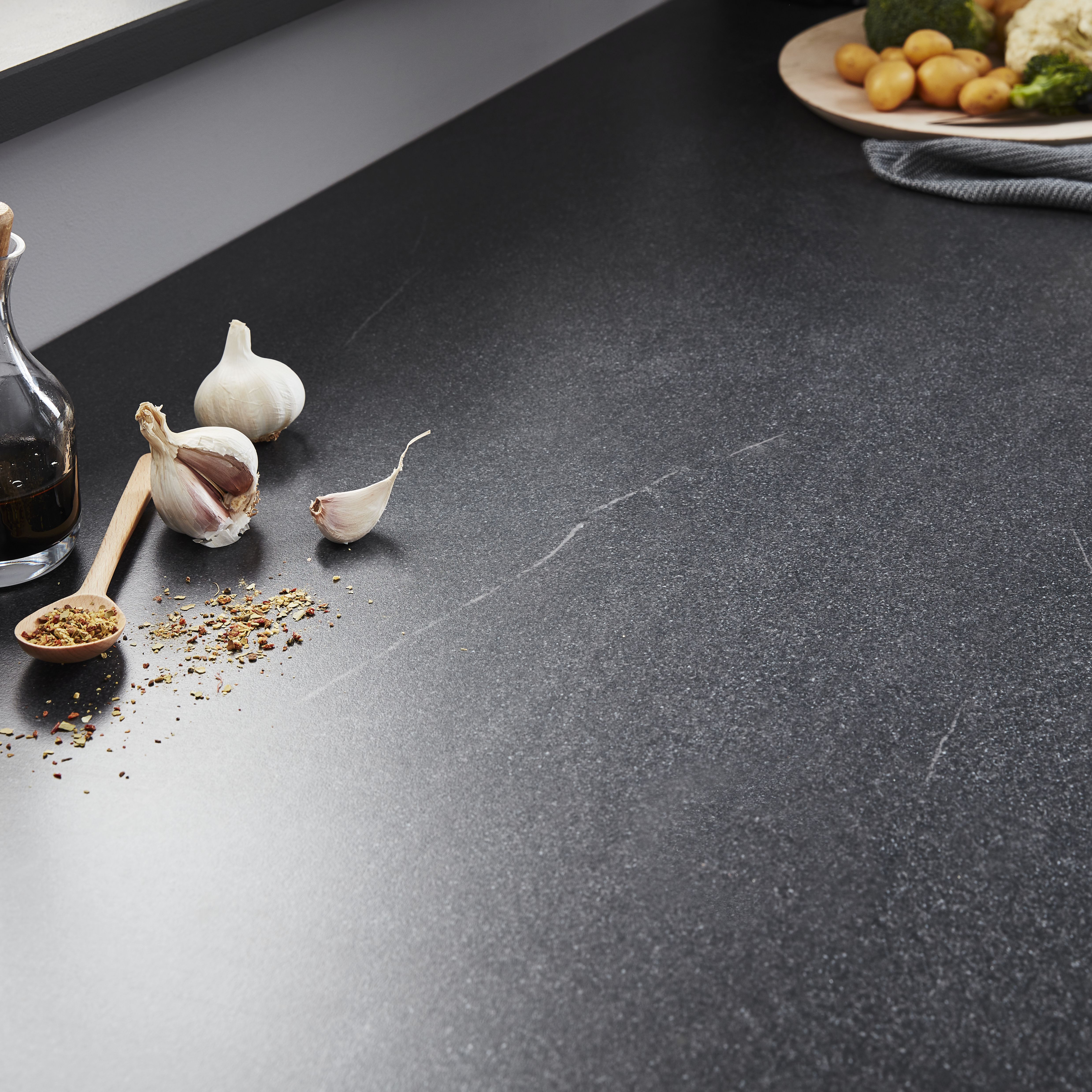 OPP Dark stone effect Stone effect Laminate Post-formed edge Kitchen Worktop, (L)2400mm (W)620mm (T)28mm