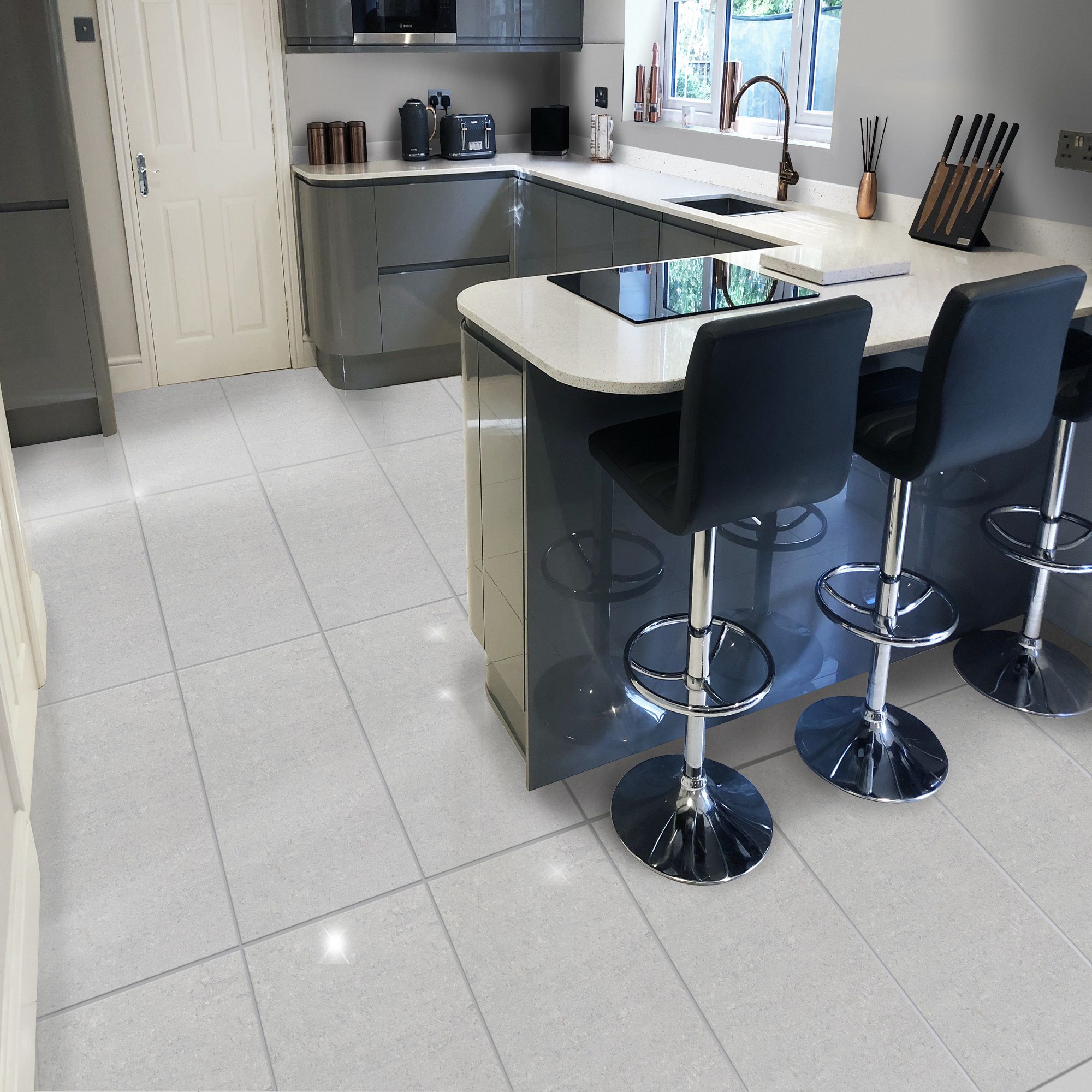 Grey gloss store floor tiles