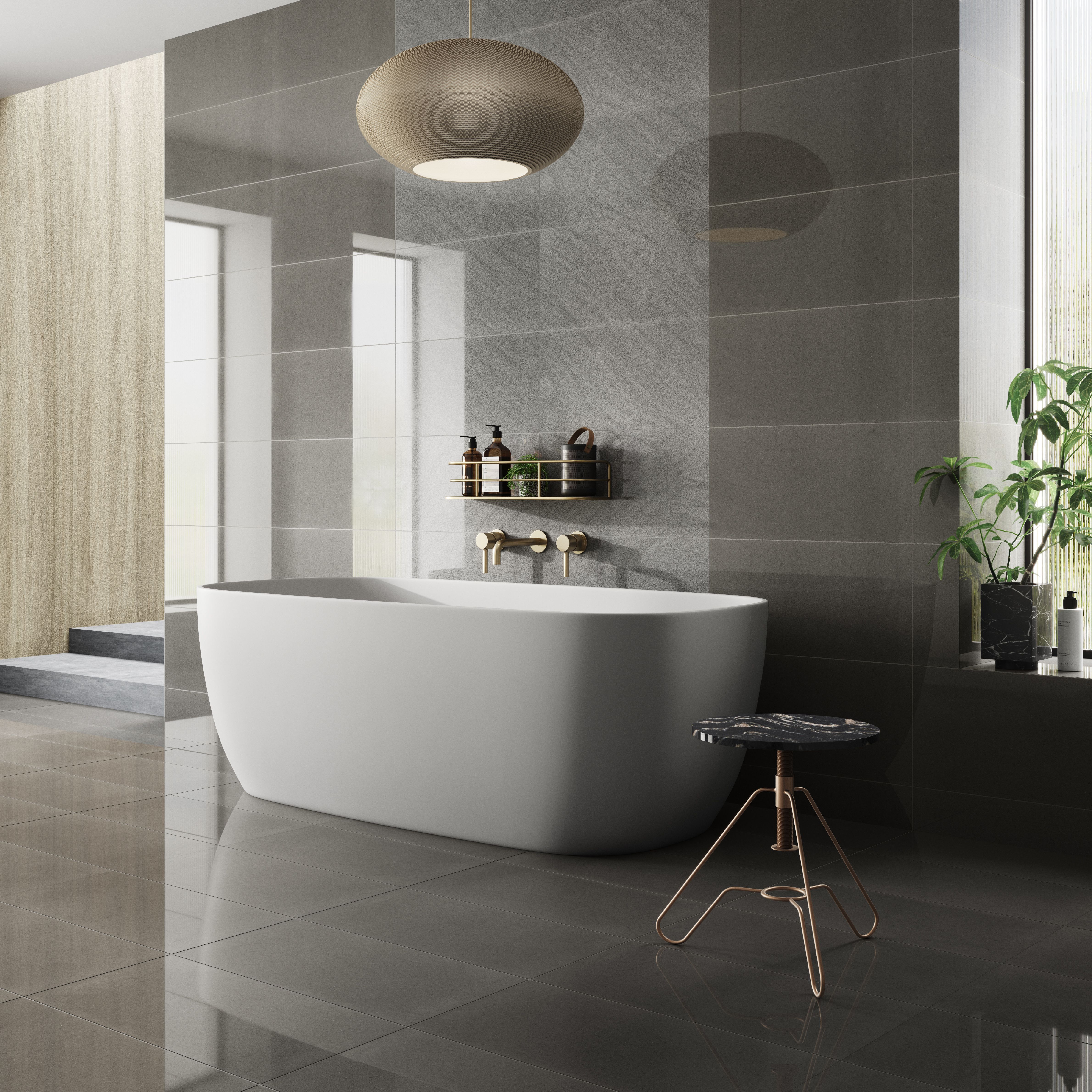 Opulence Smoke grey Gloss Ripple Stone effect Porcelain Wall & floor Tile, Pack of 5, (L)600mm (W)300mm