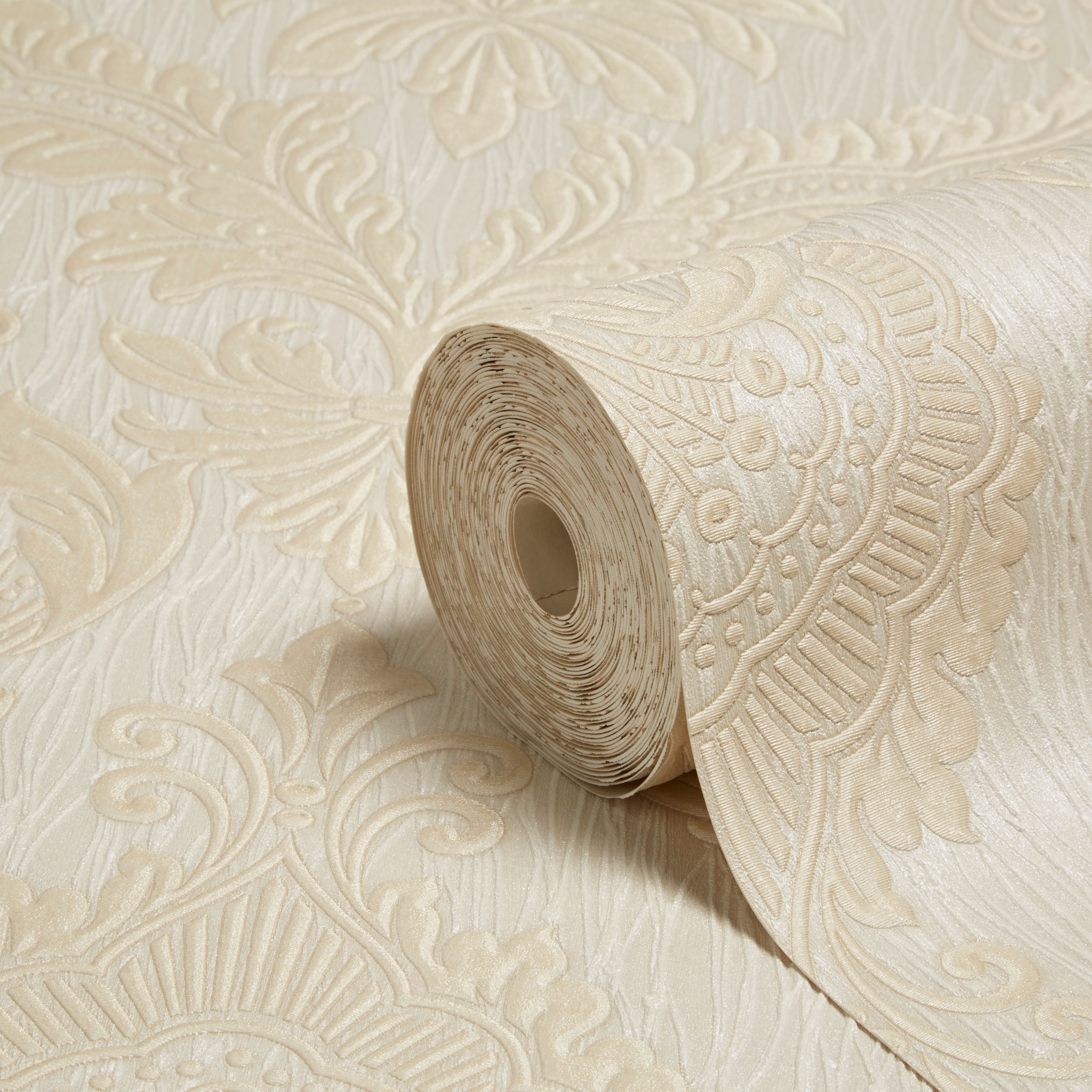 Opus Siena Beige Damask trail Textured Wallpaper DIY at B&Q