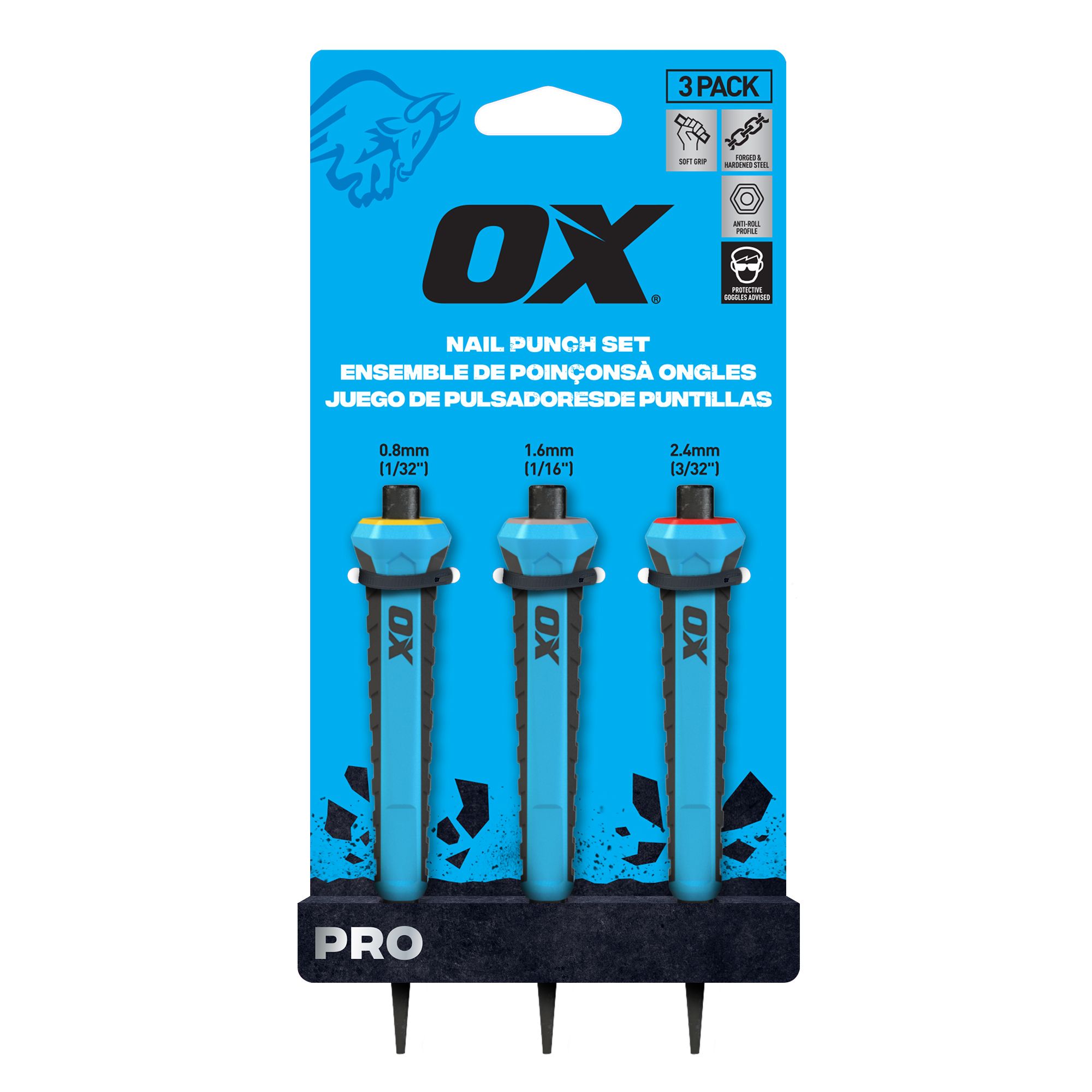 OX Pro 3 piece Hardened steel Nail punch set Cyan