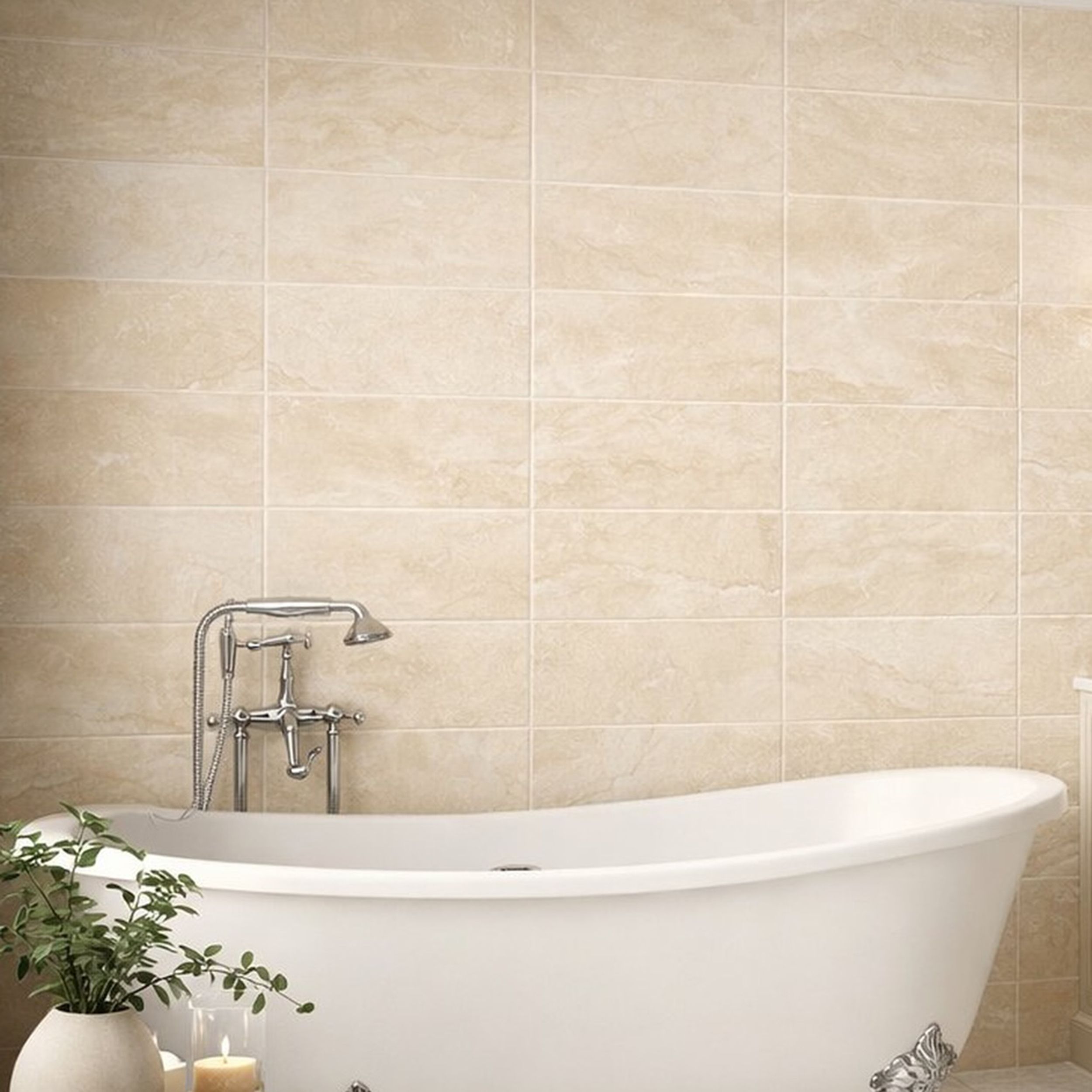 Palace Beige Gloss Stone effect Ceramic Indoor Wall Tile, Pack of 10, (L)400mm (W)250mm