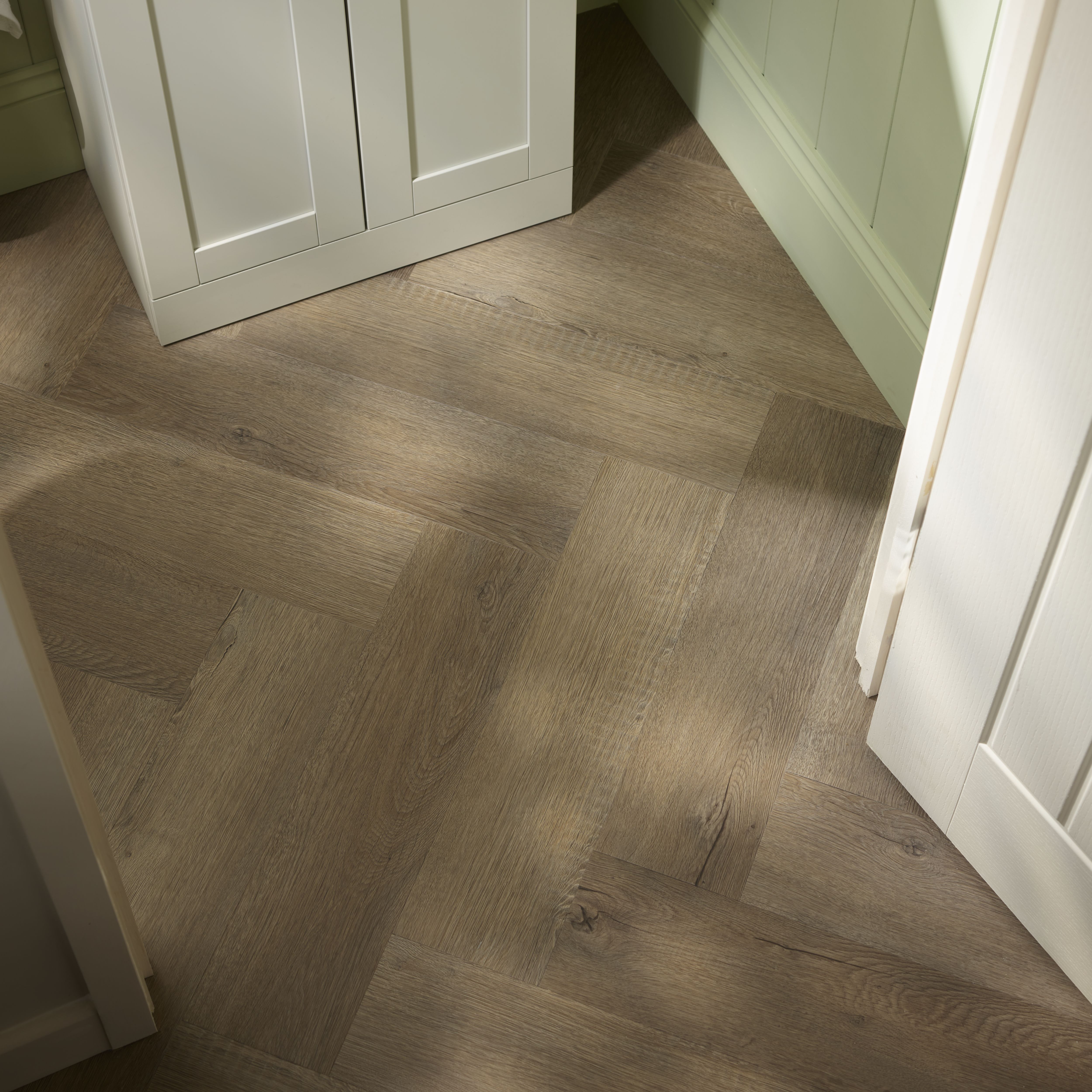Palio by Karndean Mid Brown Oak effect Embossed Herringbone Luxury vinyl click Planks, 1.95m²