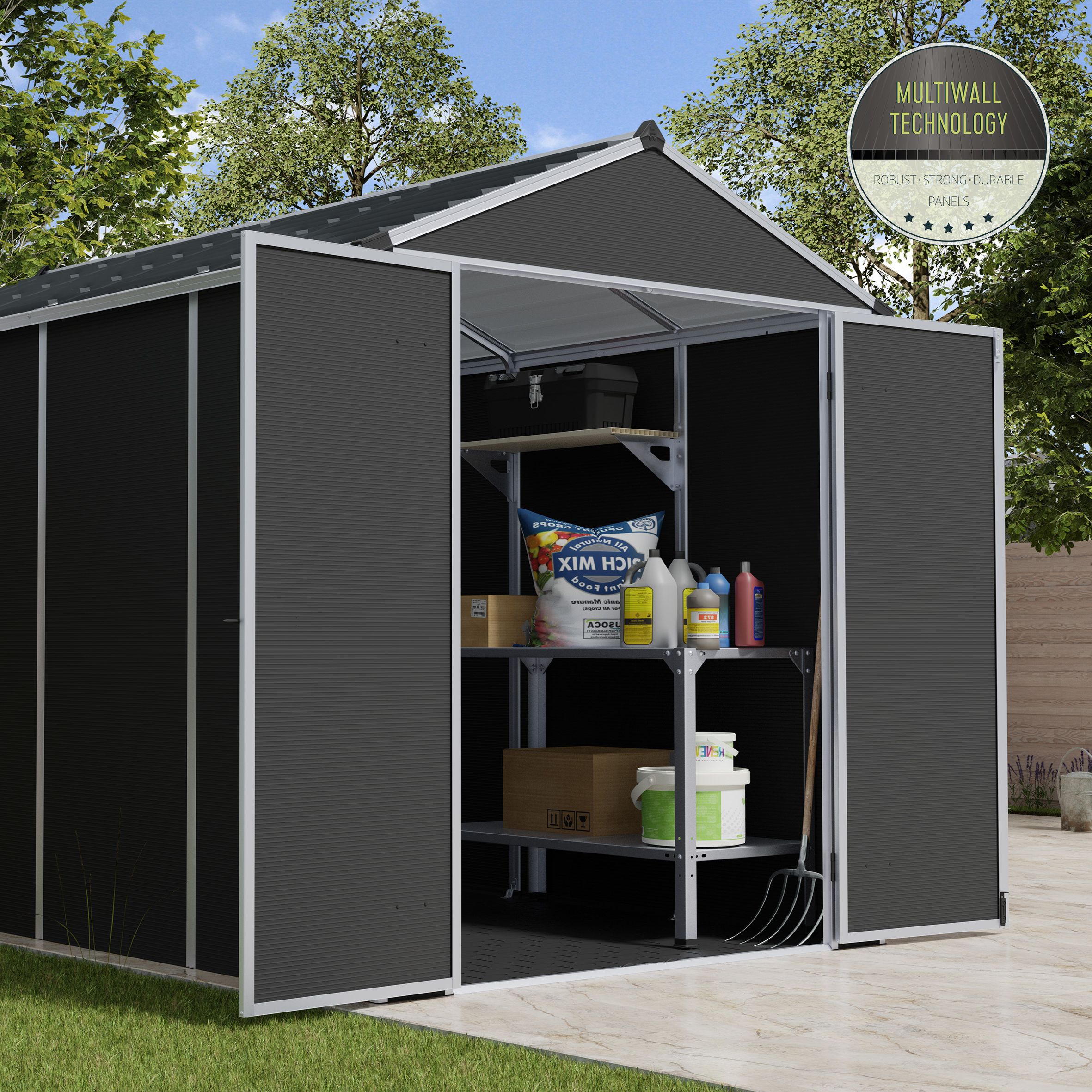 Palram - Canopia Abri de jardin 10x6 ft Apex Dark grey Plastic 2 door Shed with floor