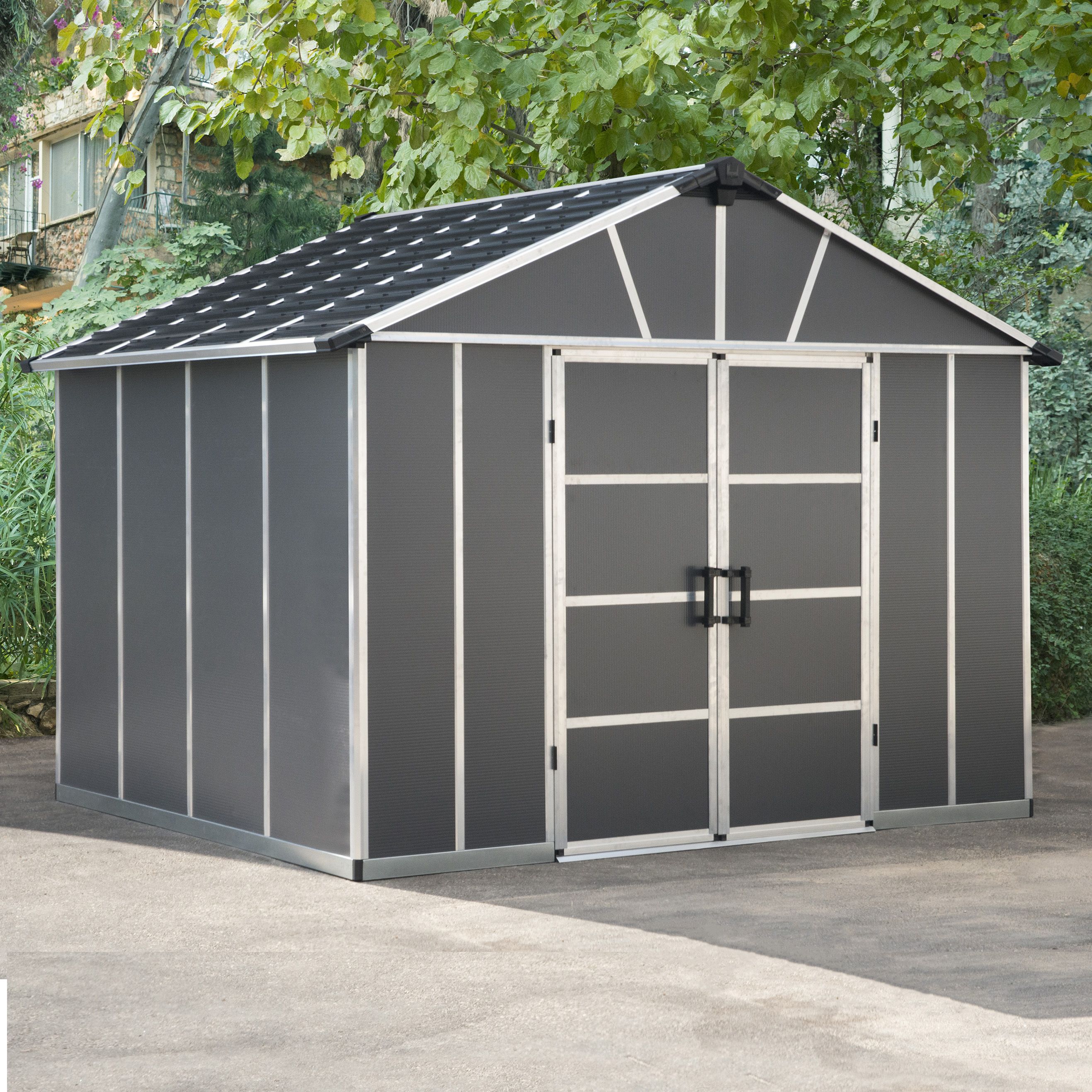 Palram - Canopia Yukon with Floor 11x9 ft Apex Dark grey Plastic 2 door Shed with floor