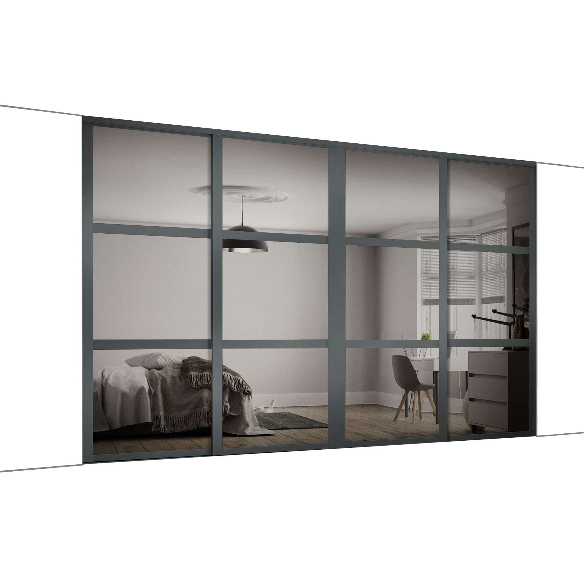 Panel Shaker Mirrored Graphite 4 door Sliding Wardrobe Door kit (H)2260mm (W)2290mm