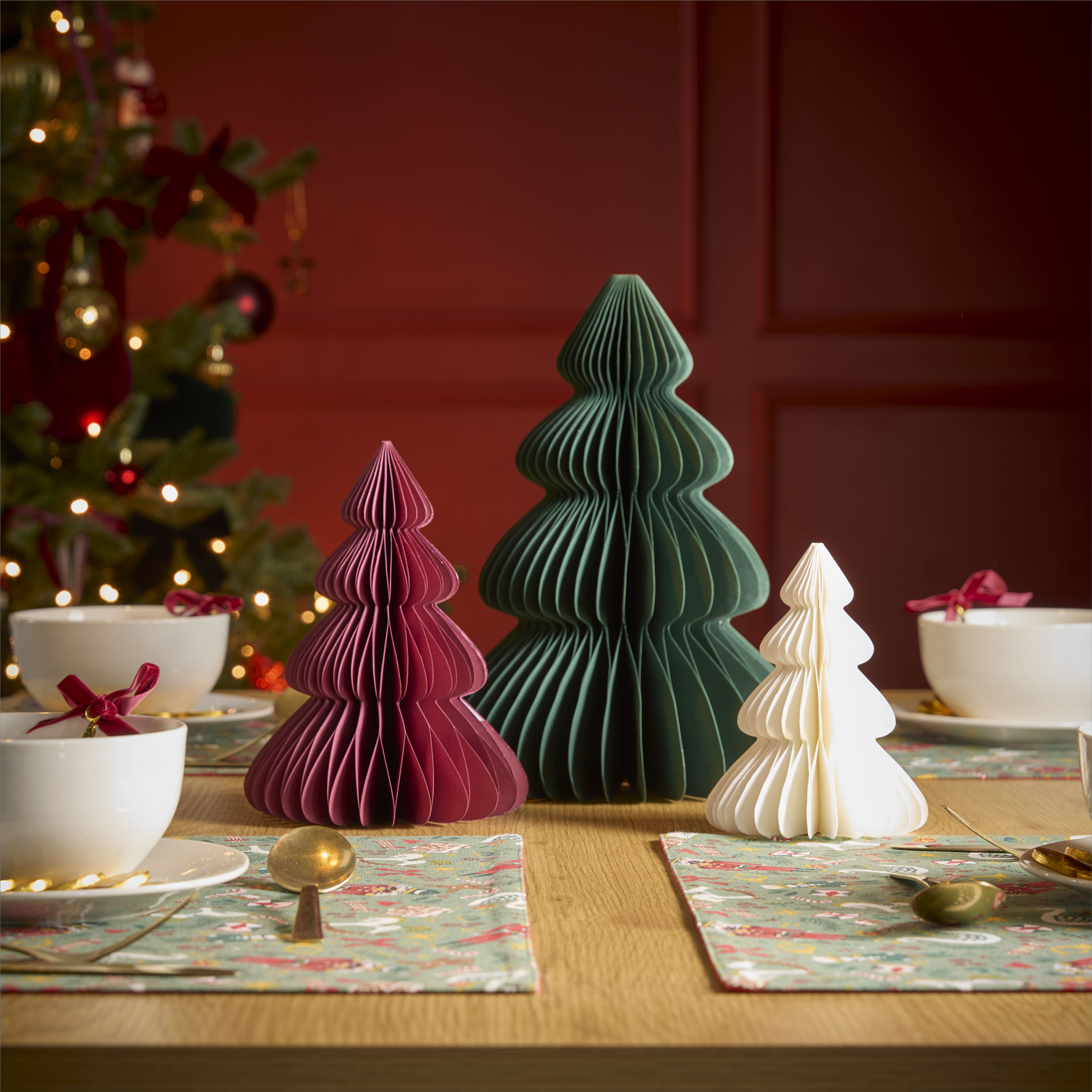 Paper Tree Christmas decoration, Set of 3, (H)300mm - Green, Maroon & white