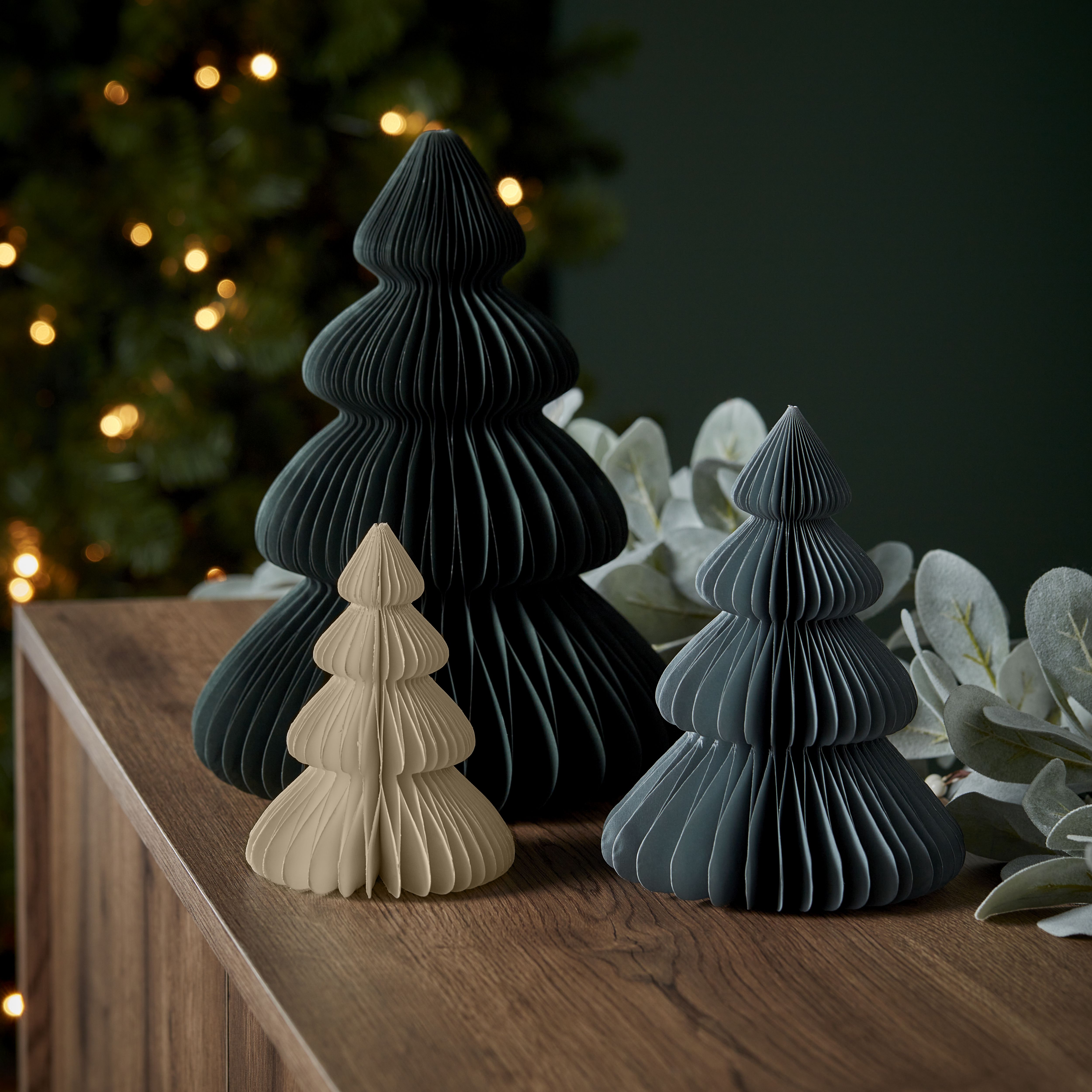 Paper Tree Christmas decoration, Set of 3, (H)30mm - Green