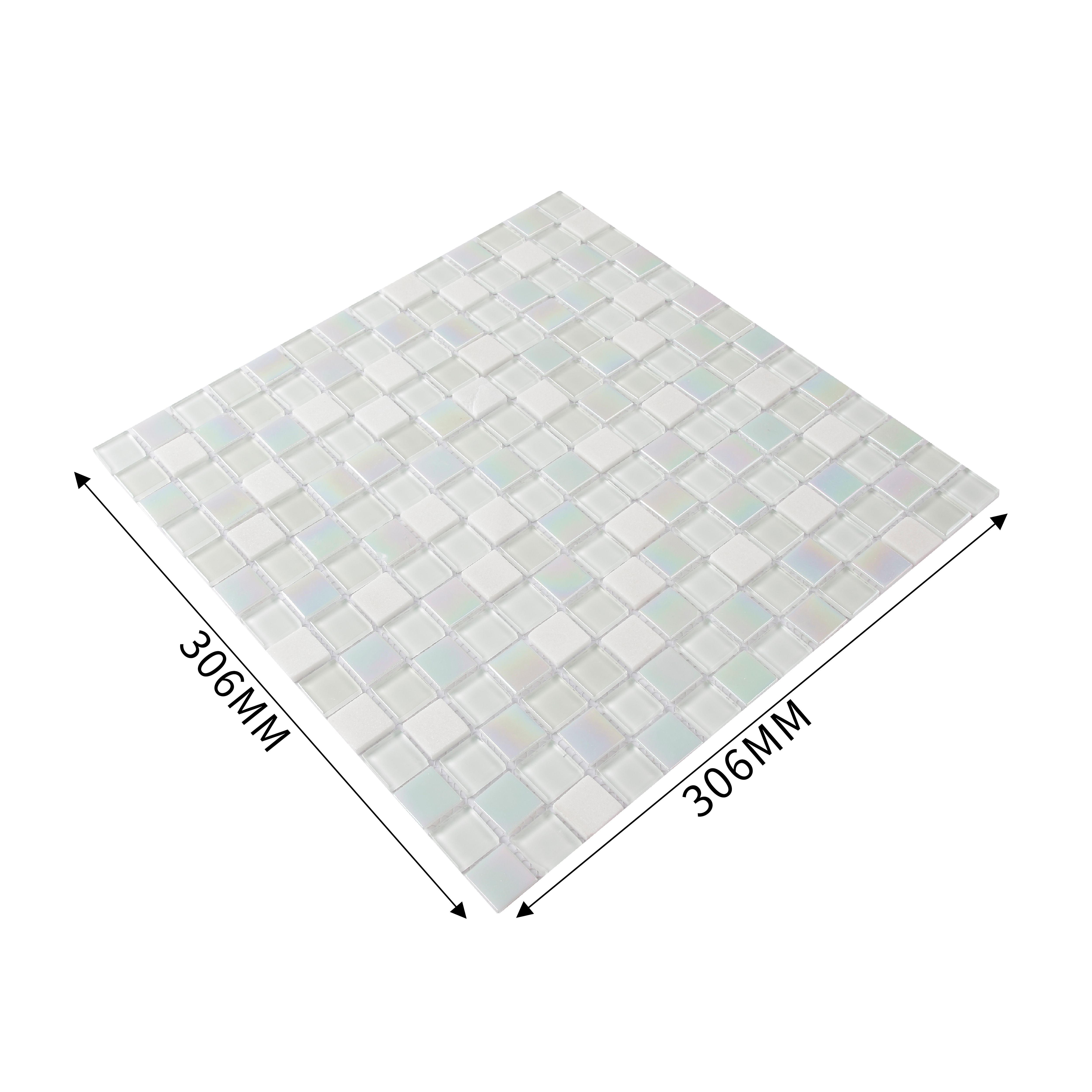 Parmia White Polished Gloss Glass & marble Mosaic tile, (L)300mm (W)300mm