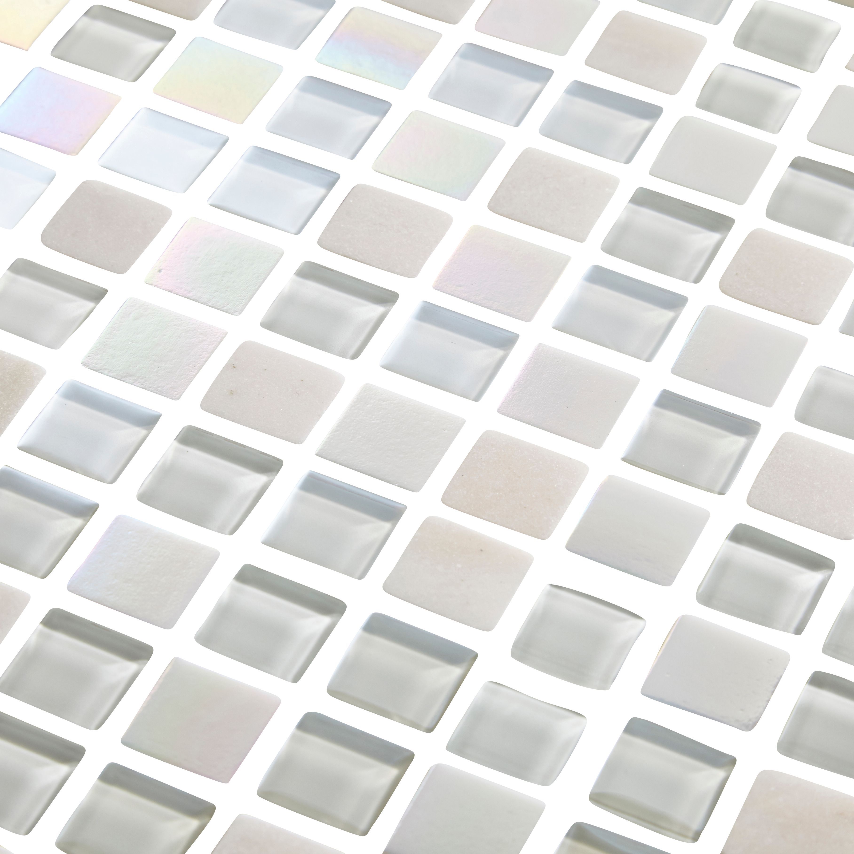 Parmia White Polished Gloss Glass & marble Mosaic tile, (L)300mm (W)300mm
