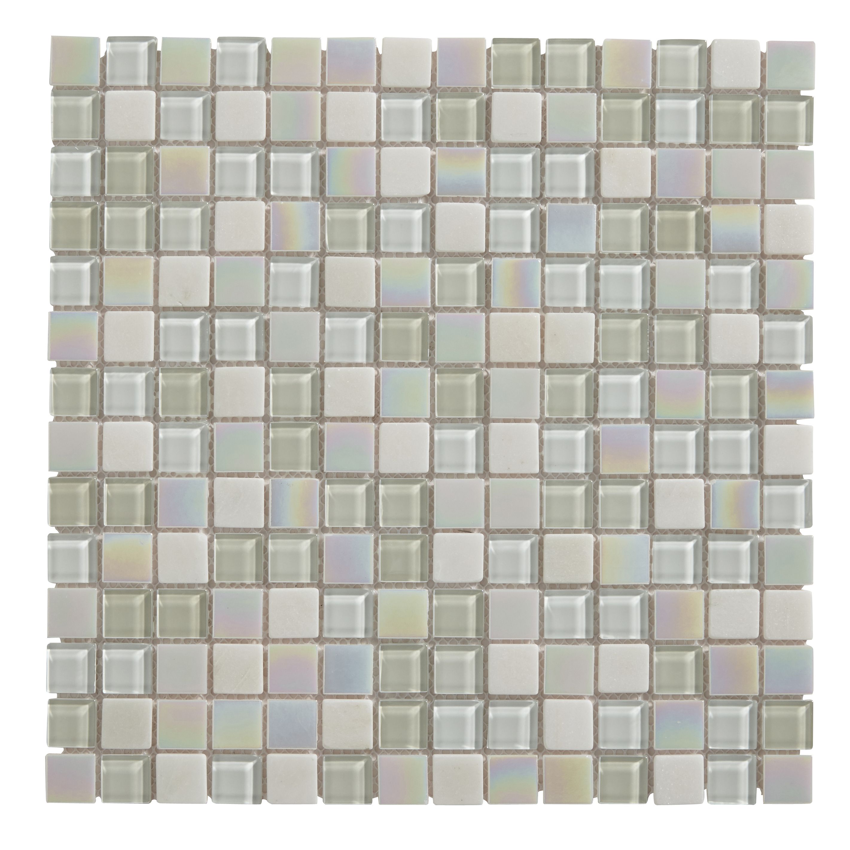 Parmia White Polished Gloss Glass & marble Mosaic tile, (L)300mm (W)300mm