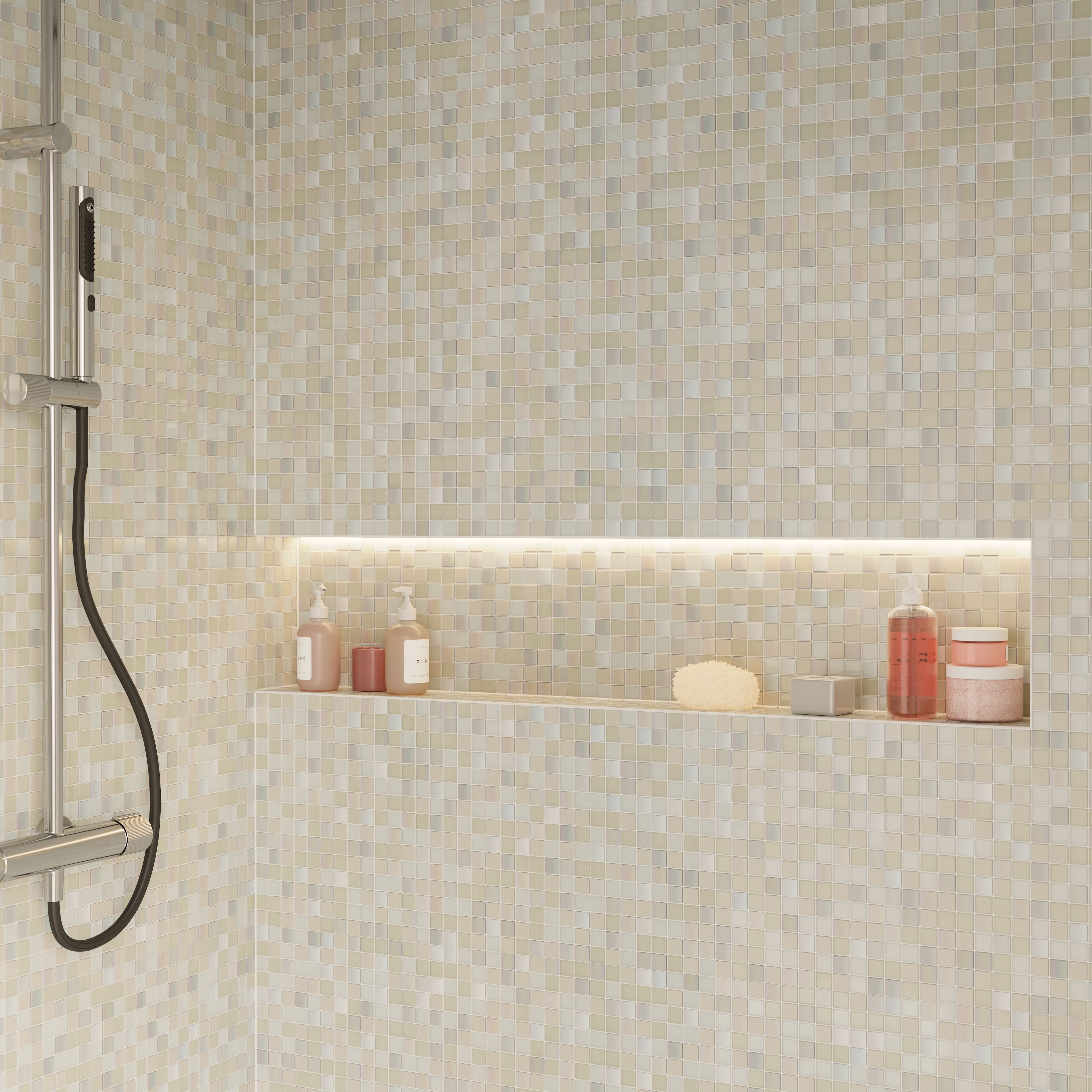 Parmia White Polished Gloss Glass & marble Mosaic tile, (L)300mm (W)300mm