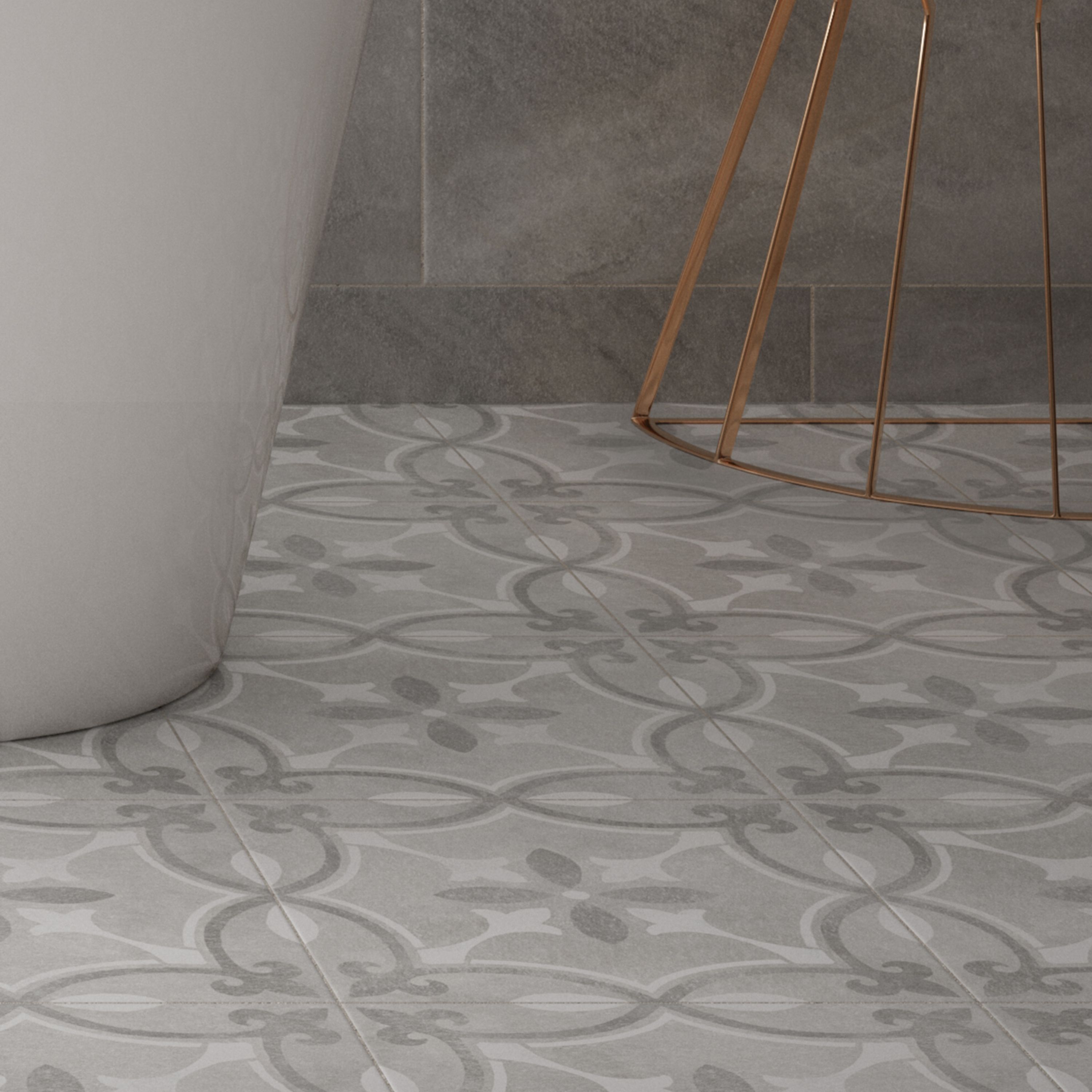 grey patterned floor tiles