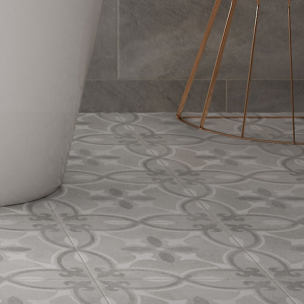 Perla Grey Patterned Ceramic Wall, Grey And White Patterned Bathroom Floor Tiles