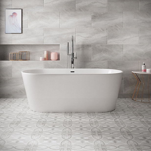 Perla Grey Stone Effect Ceramic Wall, Bathroom Floor Tile Gray And White