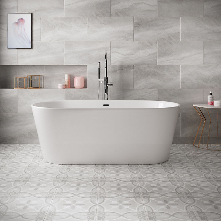 Perla Grey Stone Effect Ceramic Wall, Grey Bathroom Floor Tiles