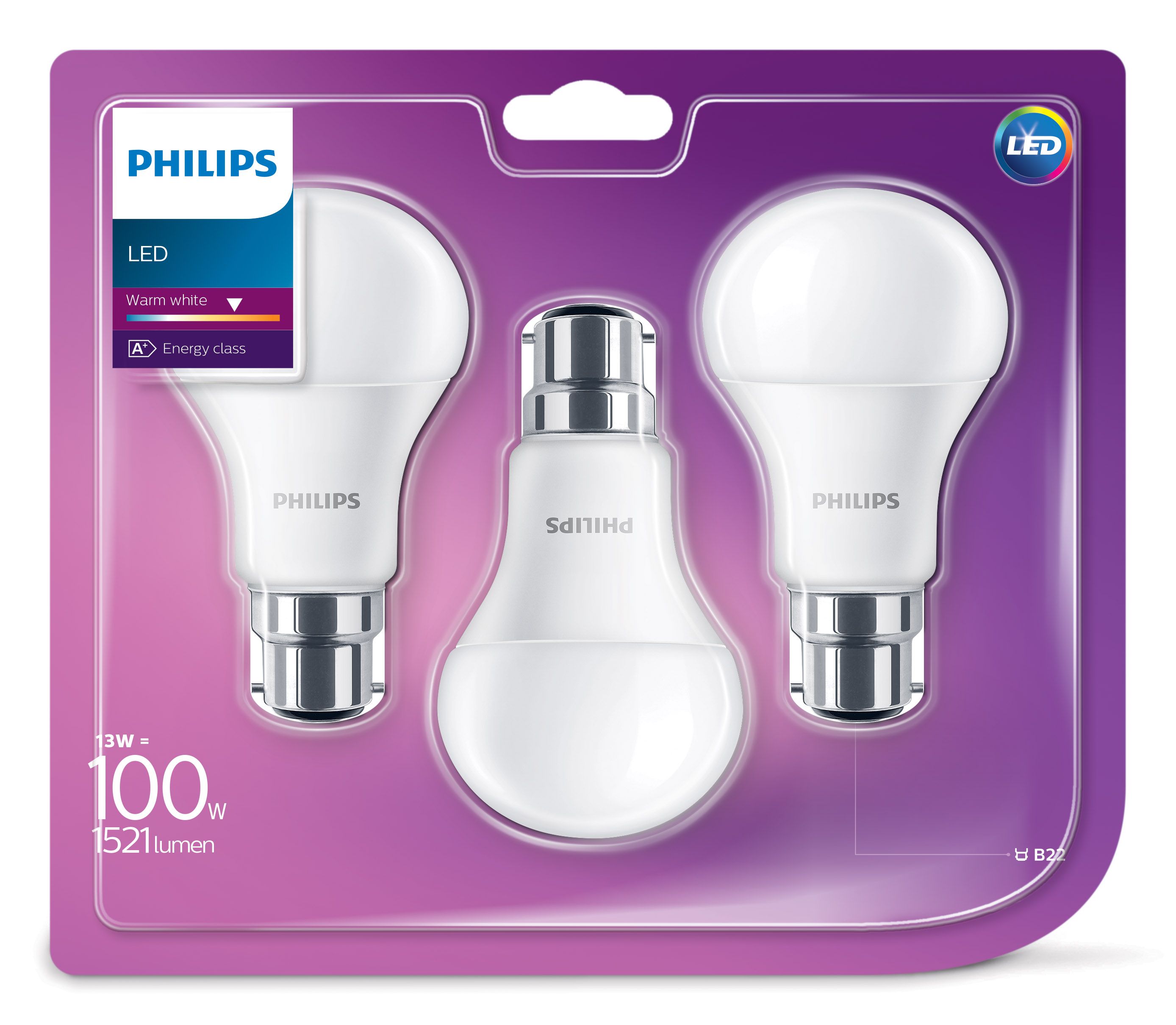 Philips B22 13W 1521lm Warm white LED Light bulb, Pack of 3