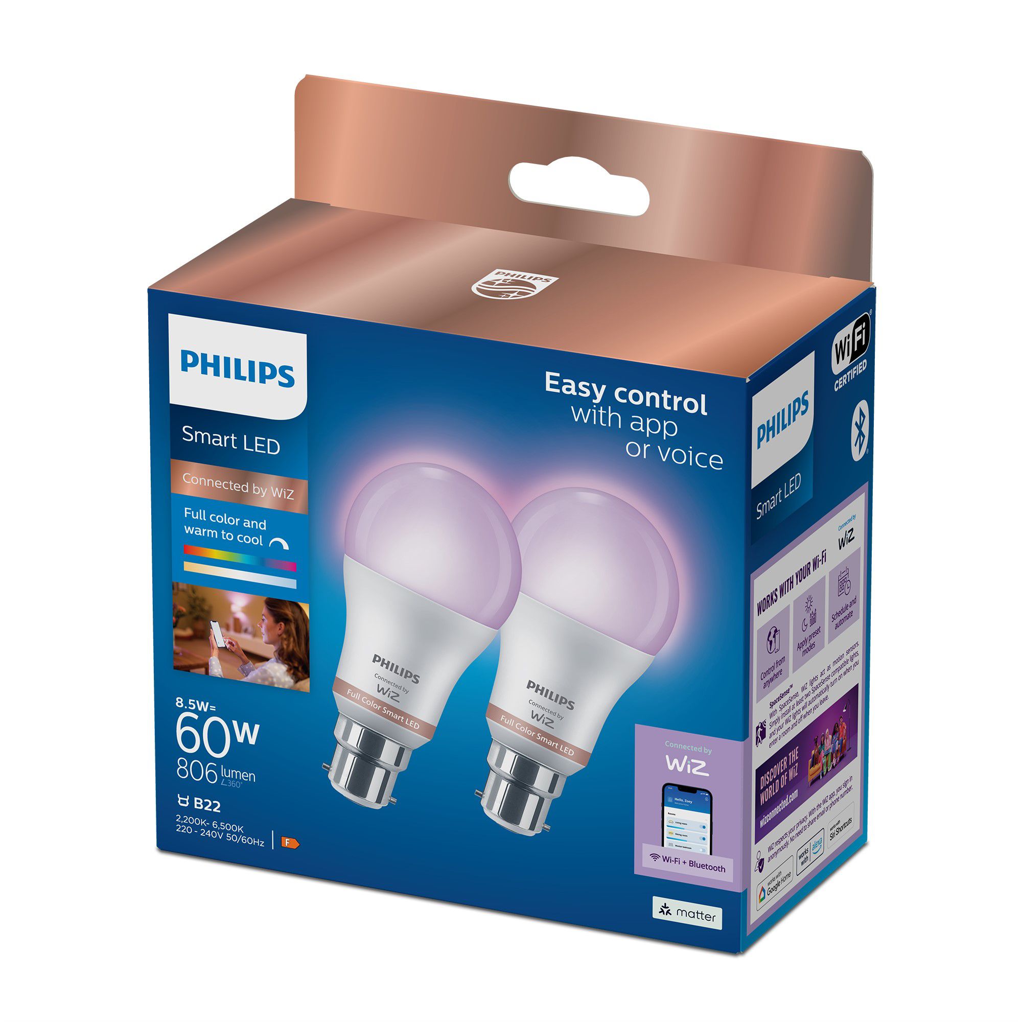 Philips B22 LED RGB & tunable white A60 Dimmable Smart bulb Pack of 2