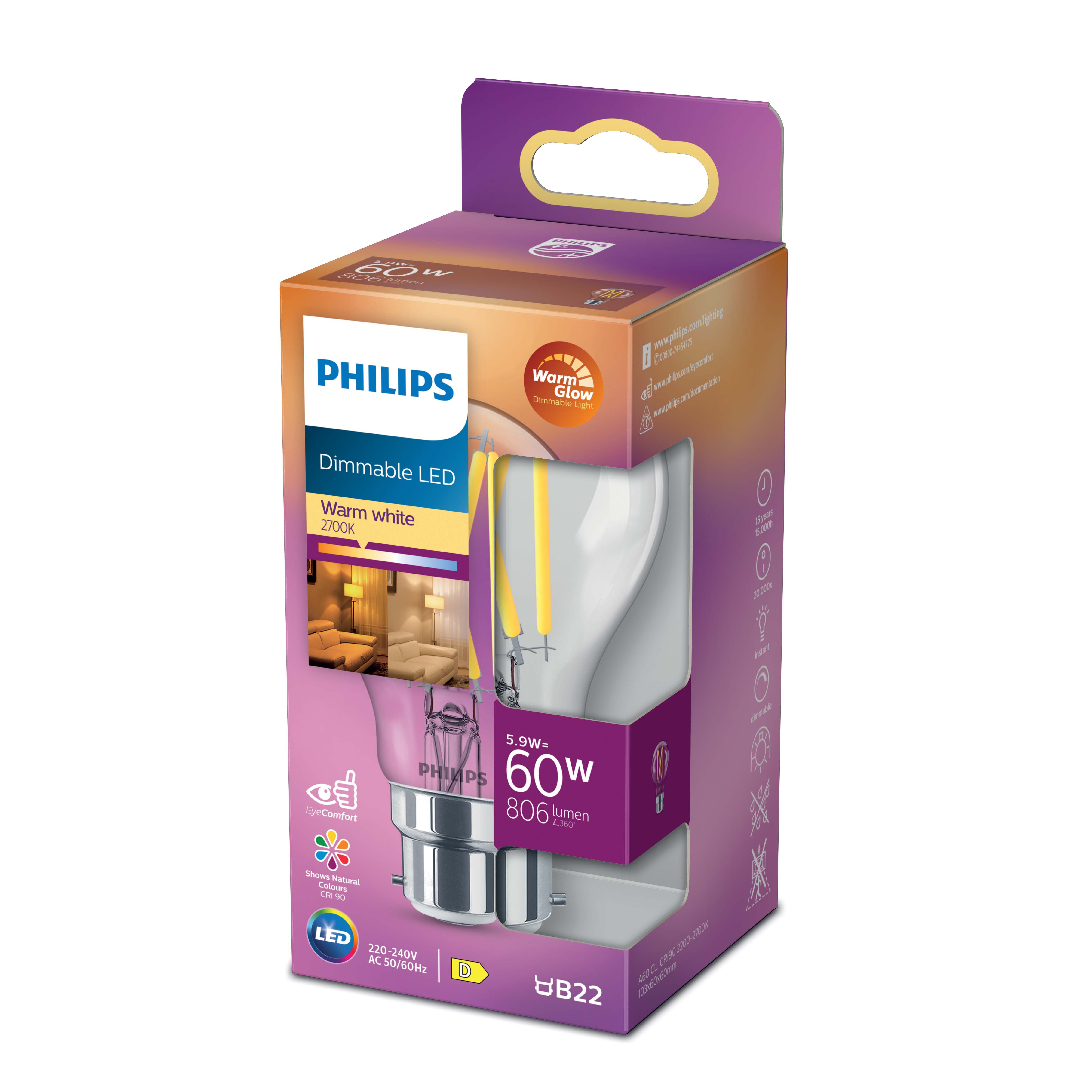 Philips dimmable 8w on sale 2200k 630lm 52ma