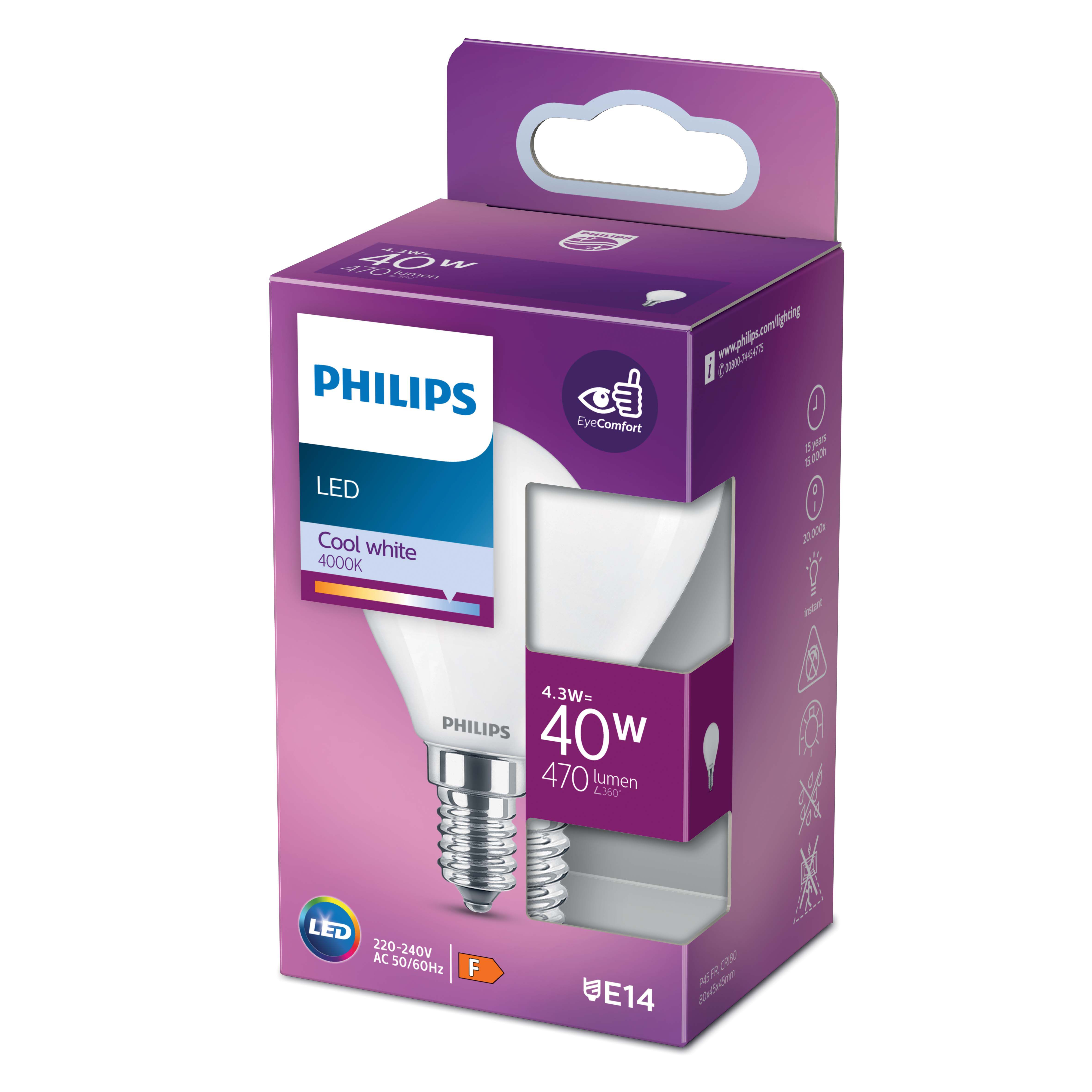 Philips Classic E14 4.3W 470lm Frosted Golf ball Cool white LED Light bulb