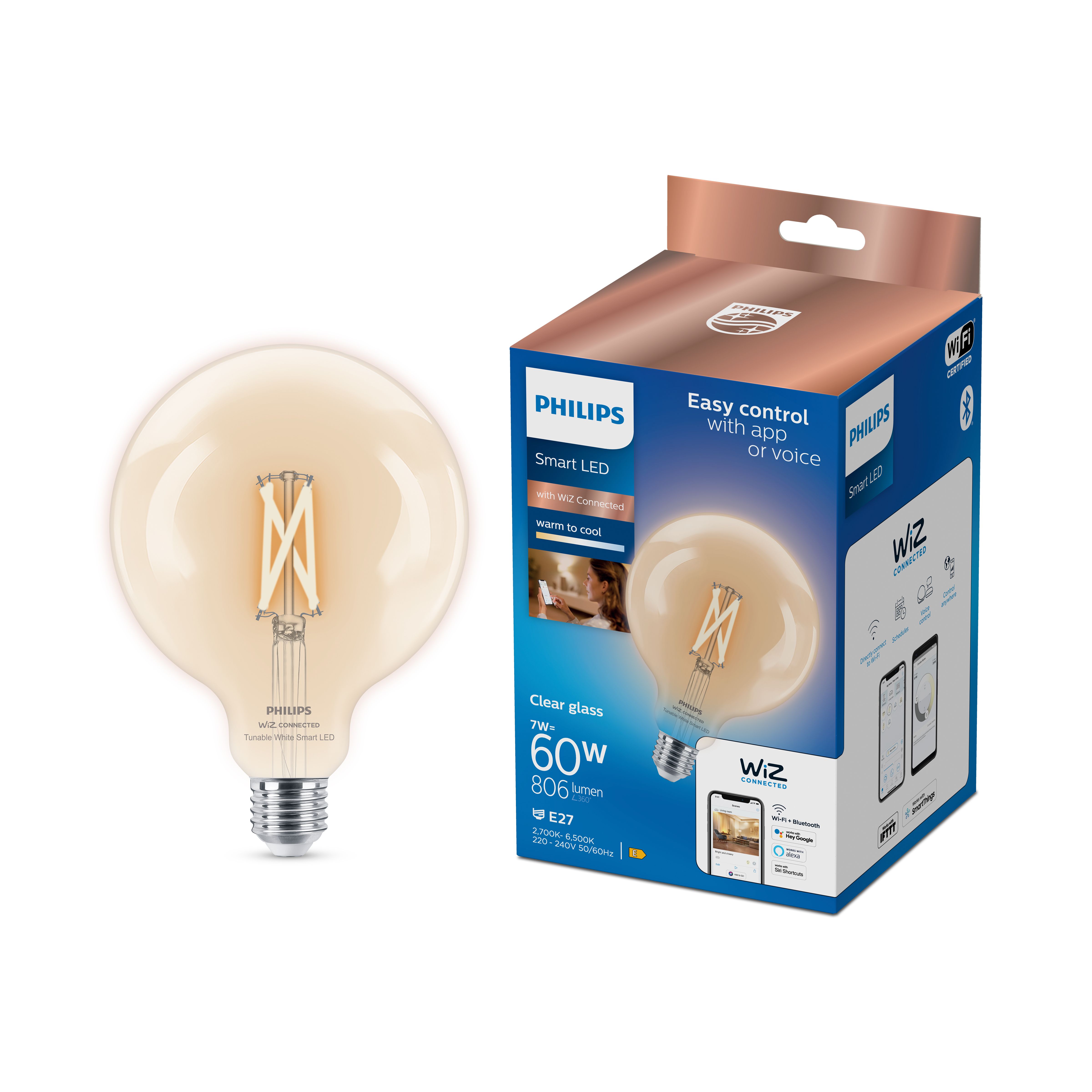 Philips WIZ LED GLS, 8W=60W, E27, 2700K Dimmable Smart Bulb