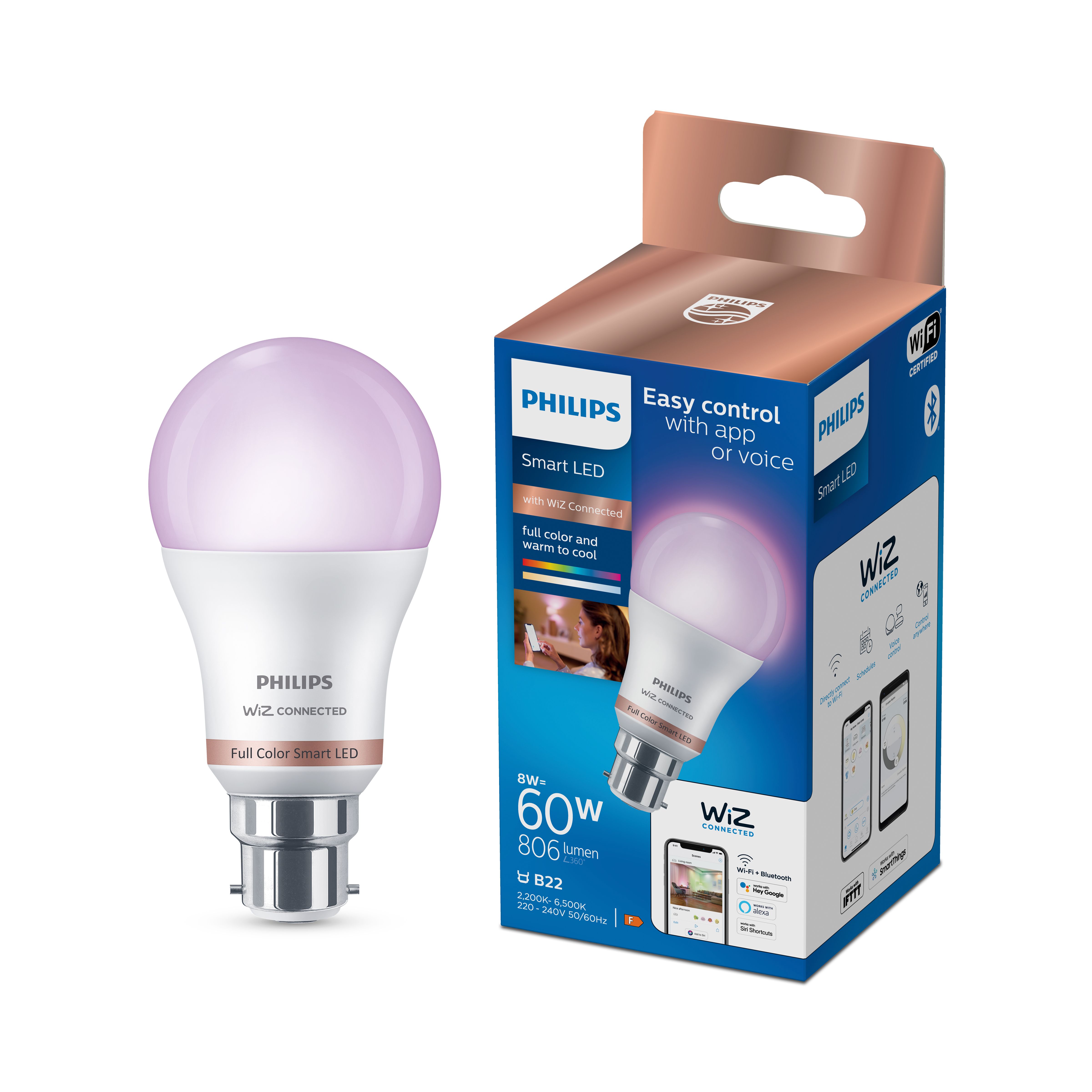 Philips WiZ B22 60W LED Cool white, RGB & warm white A60 Non-dimmable Light bulb