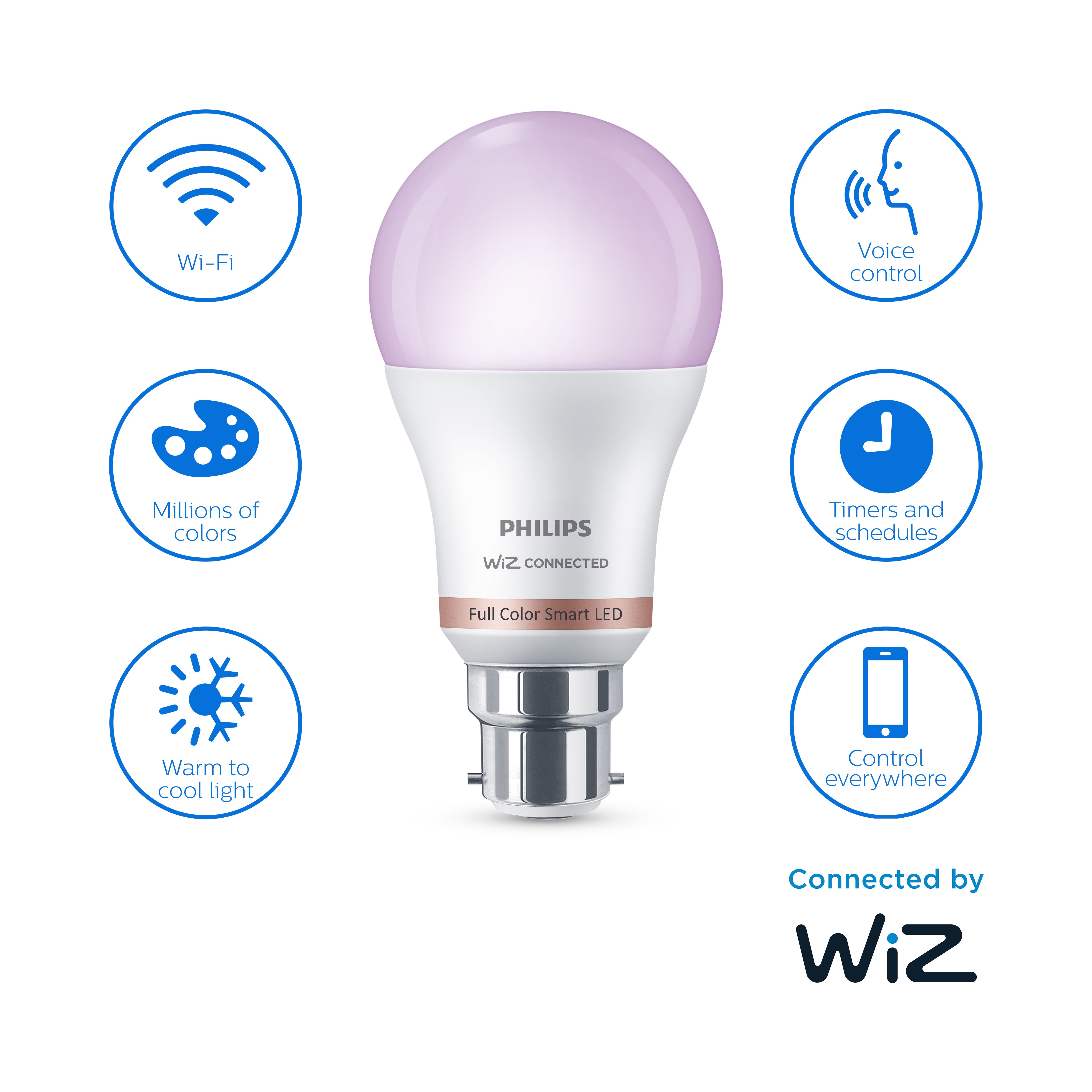 Philips WiZ B22 60W LED Cool white, RGB & warm white A60 Non-dimmable Light bulb