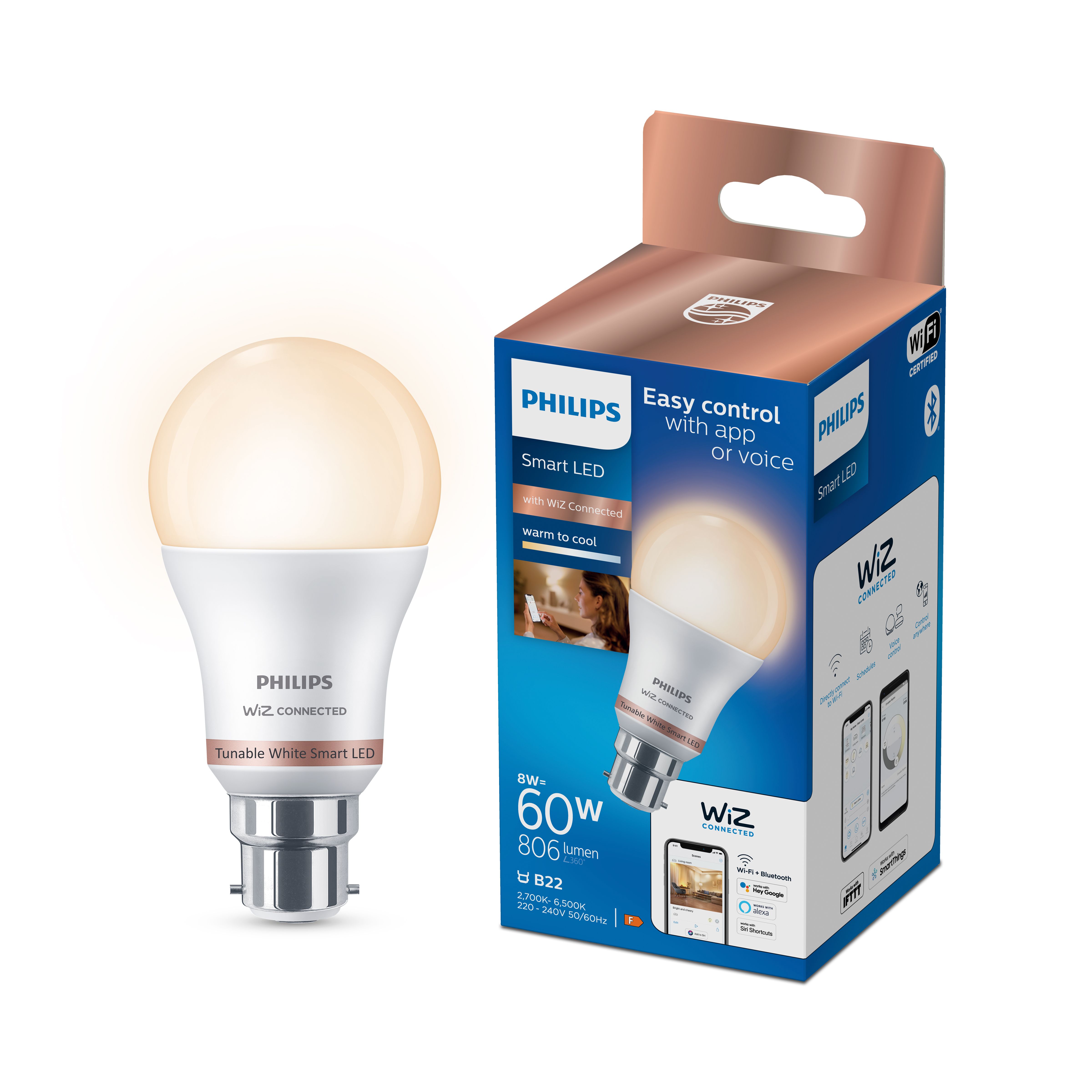 Philips WiZ B22 60W LED Cool white & warm white A60 Non-dimmable Frosted Light bulb