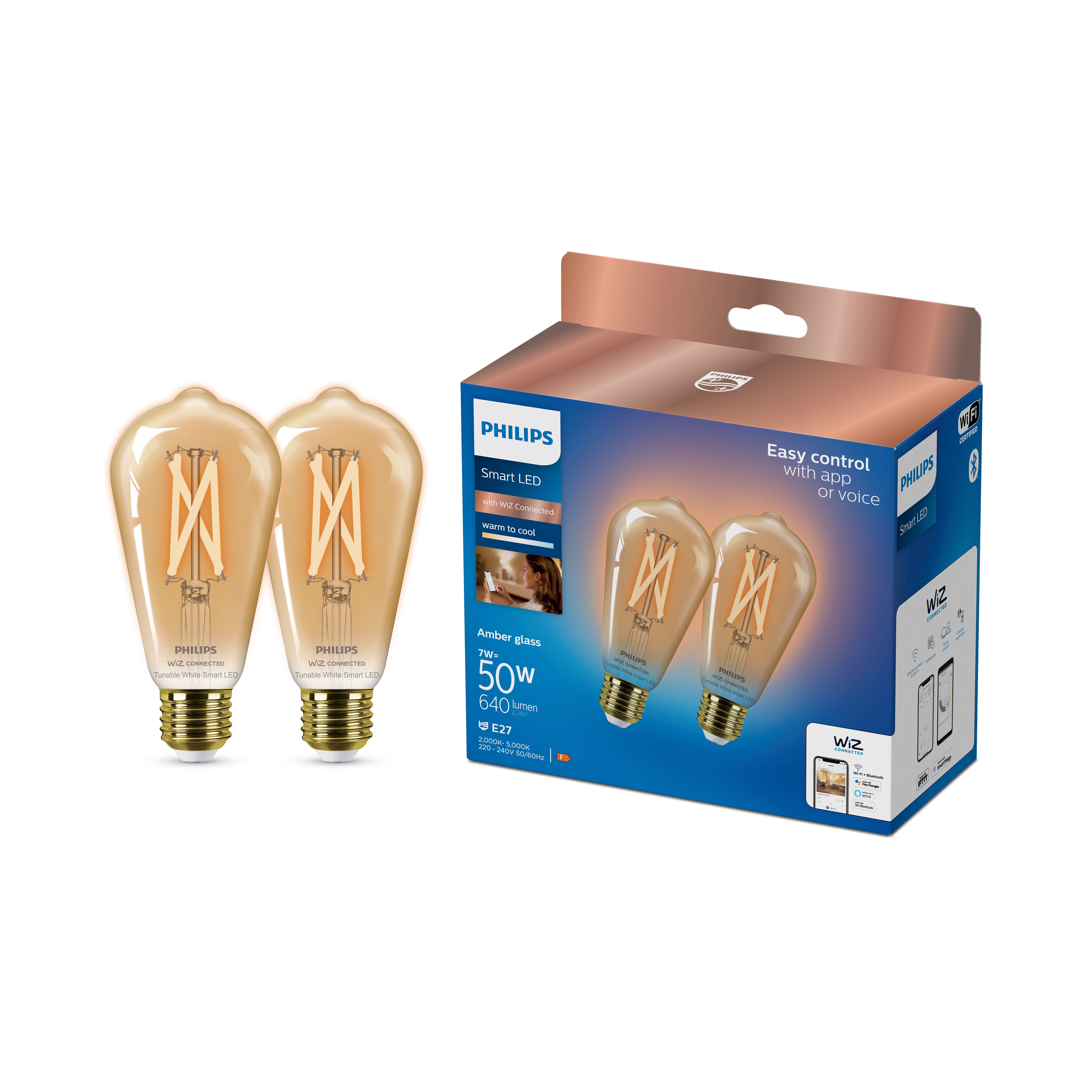 Philips WiZ E27 50W LED Cool white & warm white ST64 Non-dimmable Light bulb Pack of 2