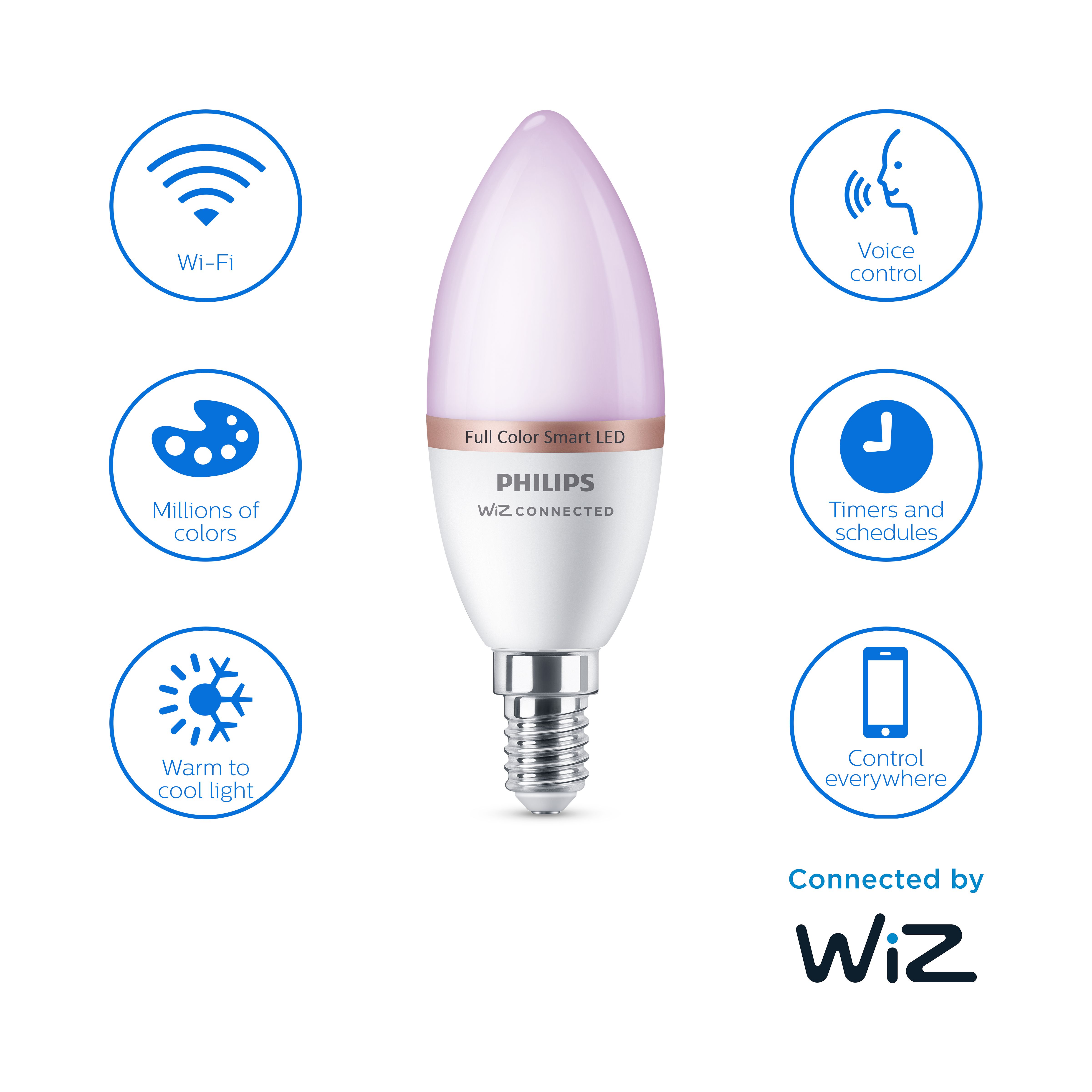 Philips WiZ SES 40W LED Cool white, RGB & warm white Candle Non-dimmable Light bulb Pack of 2