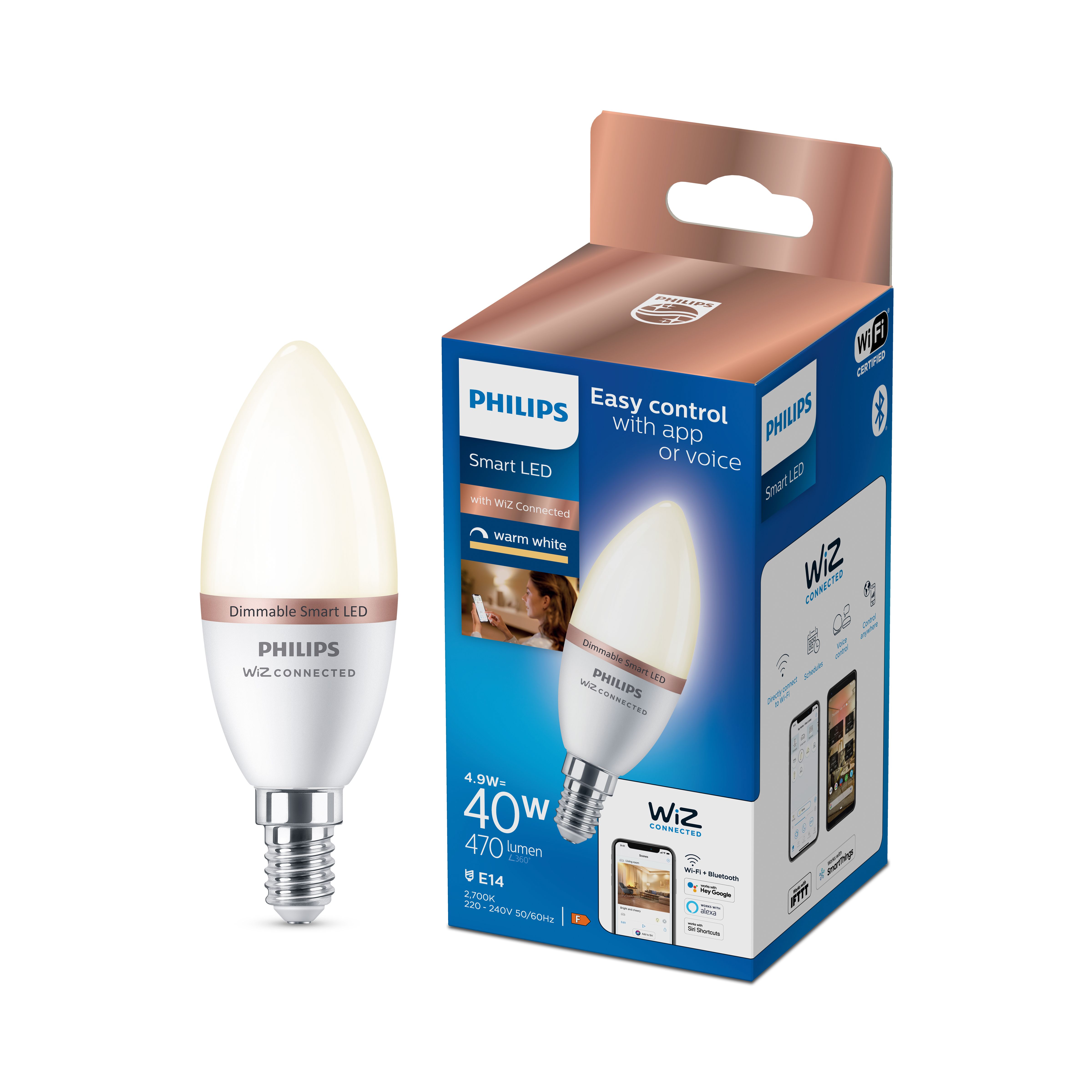 Philips WiZ SES 40W LED Warm white Candle Non dimmable Light bulb