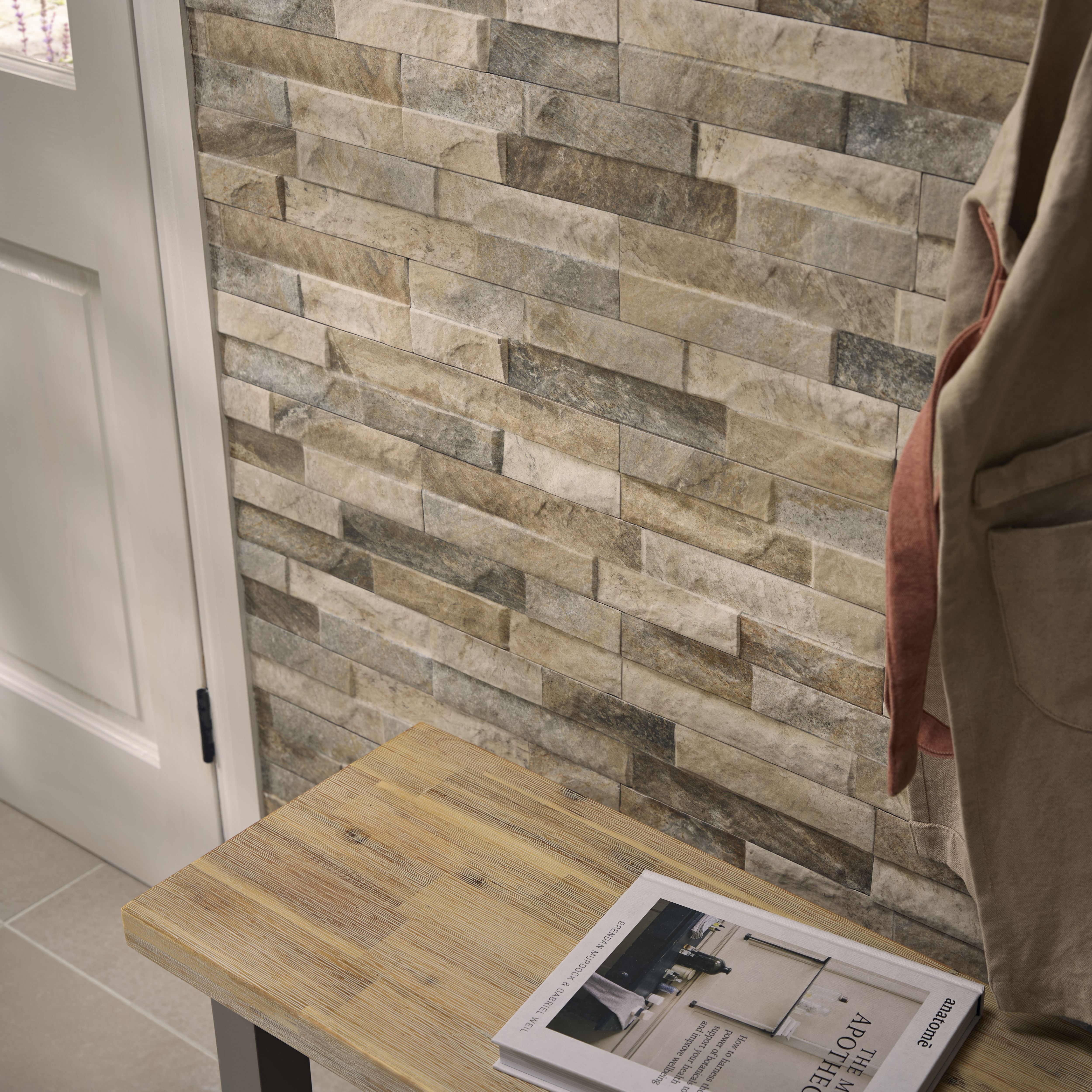 Piedra Beige Matt splitface Slate effect Textured Porcelain Indoor Wall tile, Pack of 24, (L)444mm (W)80mm