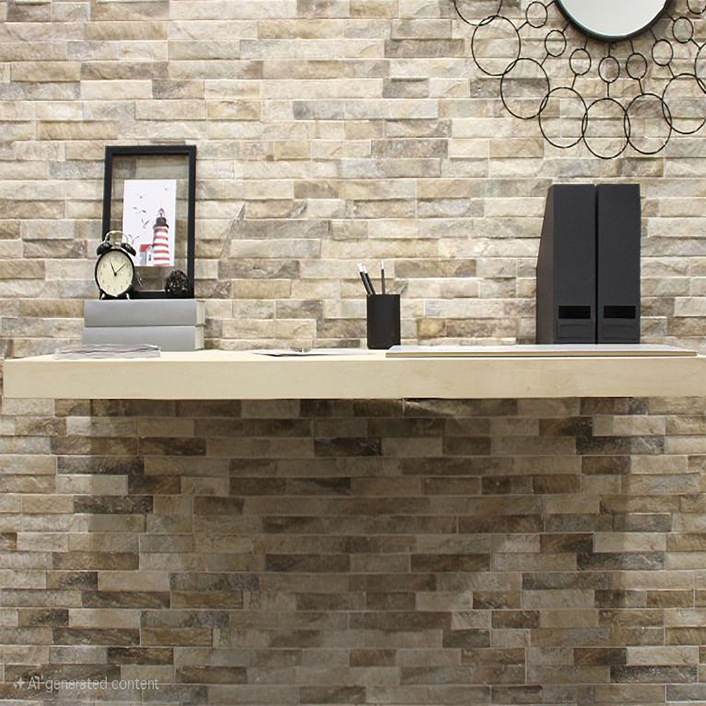 Piedra Beige Matt splitface Slate effect Textured Porcelain Indoor Wall tile, Pack of 24, (L)444mm (W)80mm