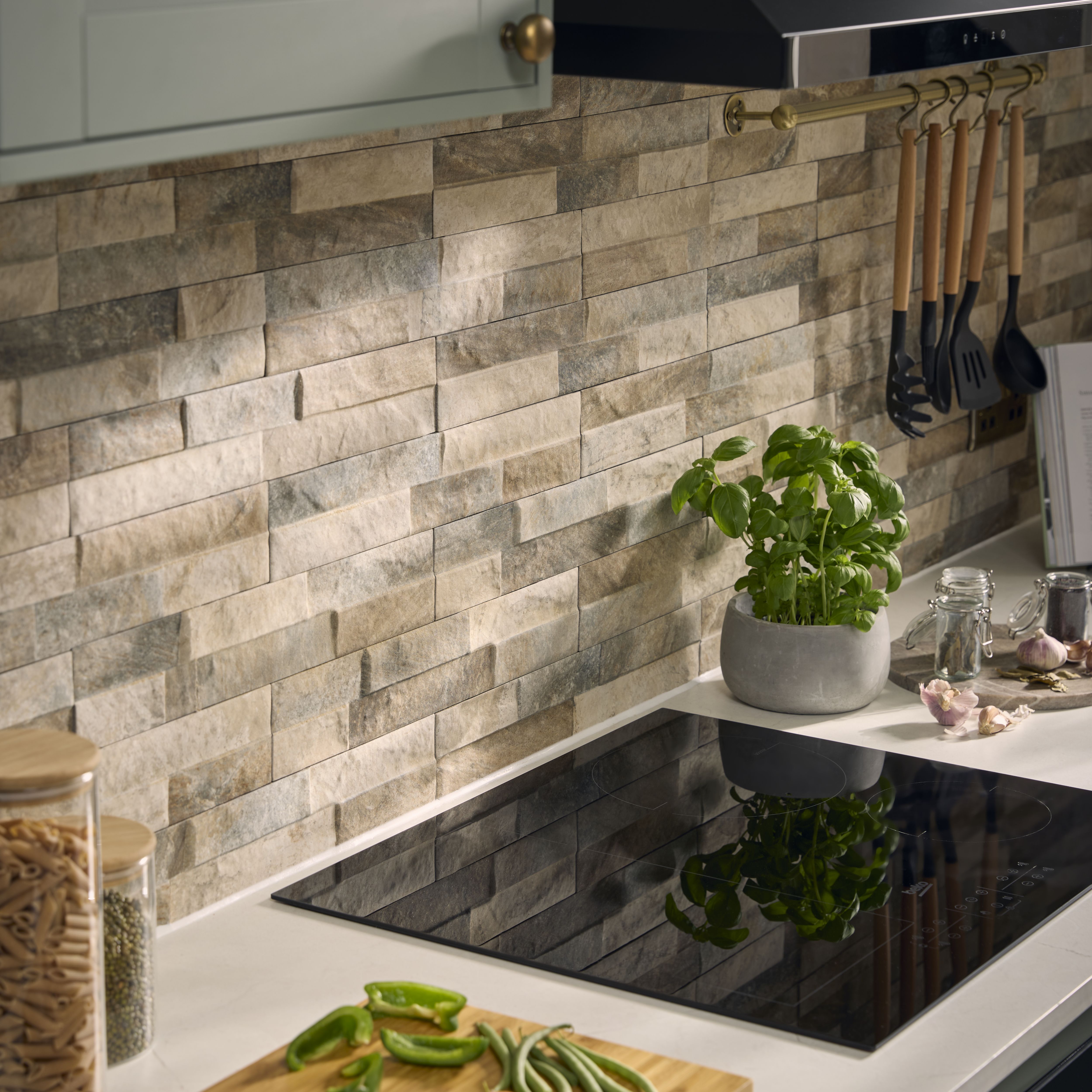 Piedra Beige Matt splitface Slate effect Textured Porcelain Indoor Wall tile, Pack of 24, (L)444mm (W)80mm