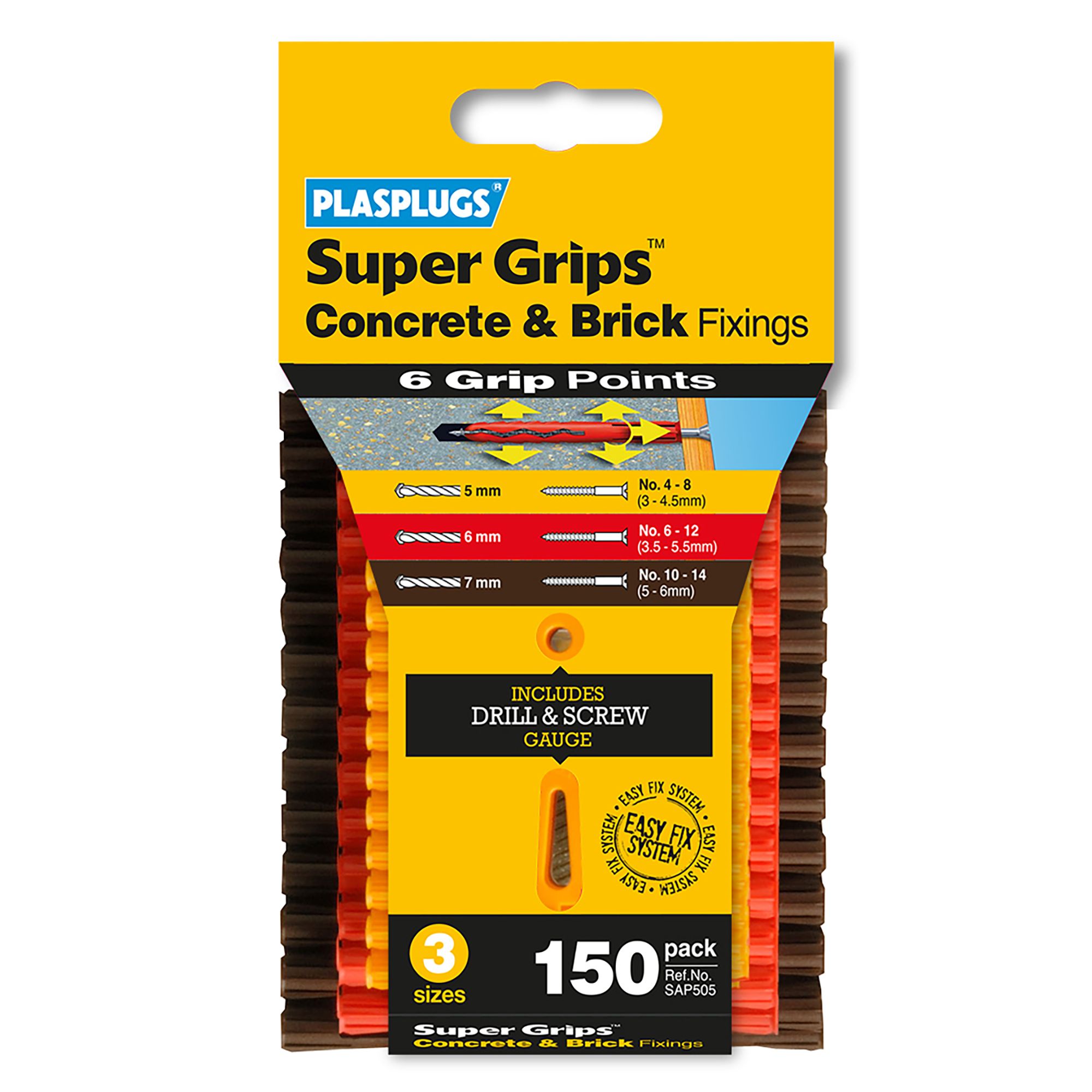 Plasplugs Super Grips Brown, Red & Yellow Plastic Wall plug (L)45mm, 150 pieces
