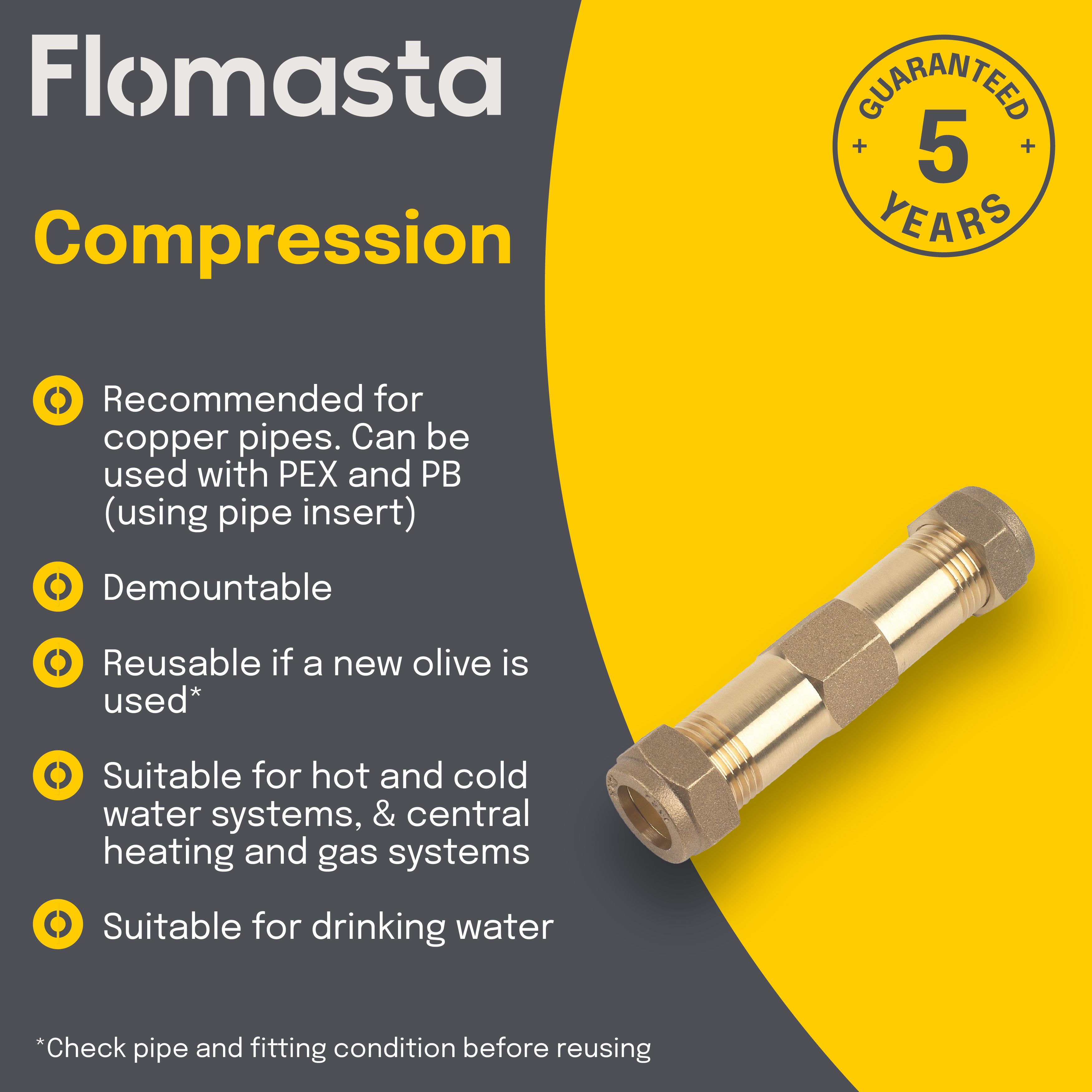 Plumbsure Compression Brass Coupler, (D)15mm x (L)100mm
