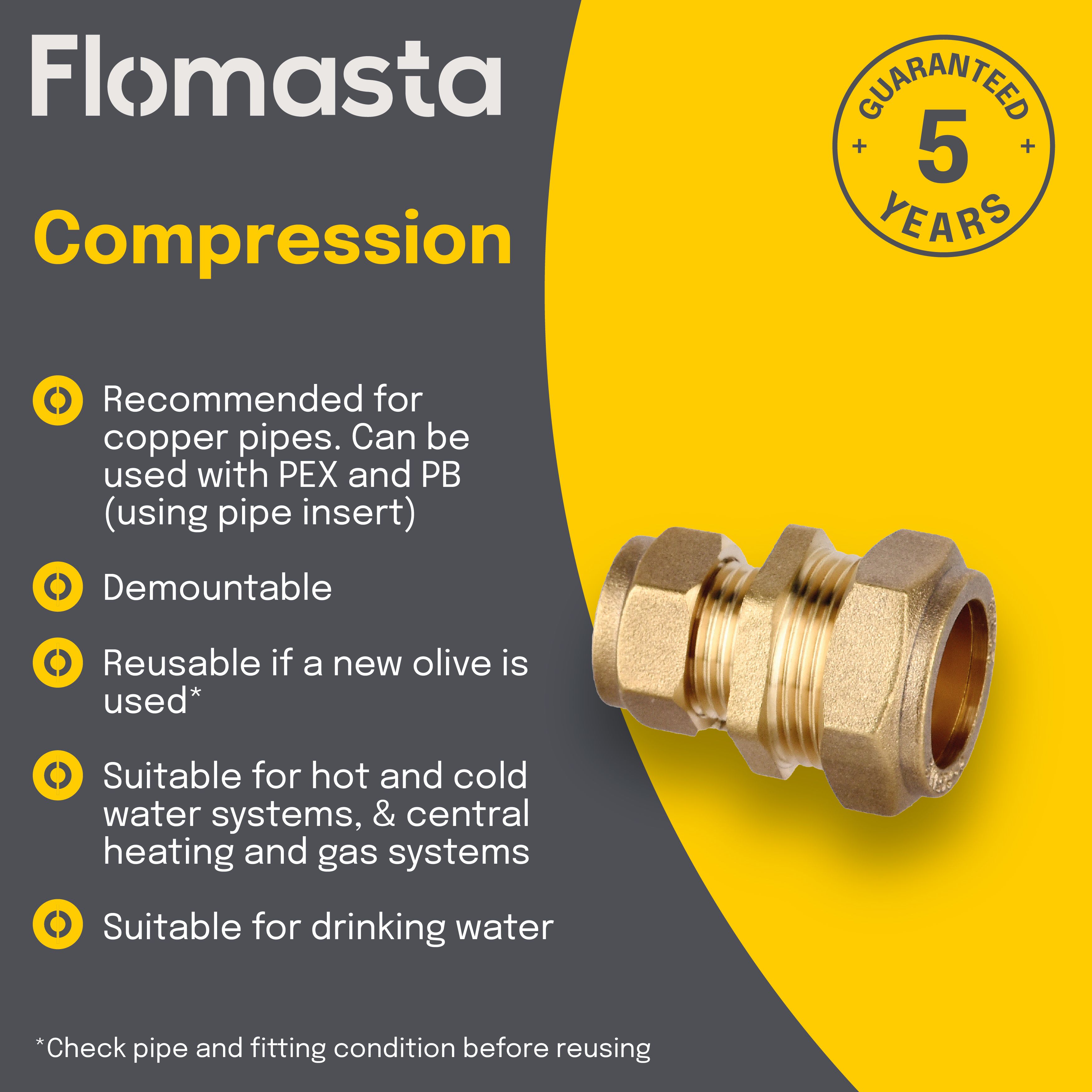Plumbsure Compression Brass Coupler, (D)22mm x (L)49.4mm