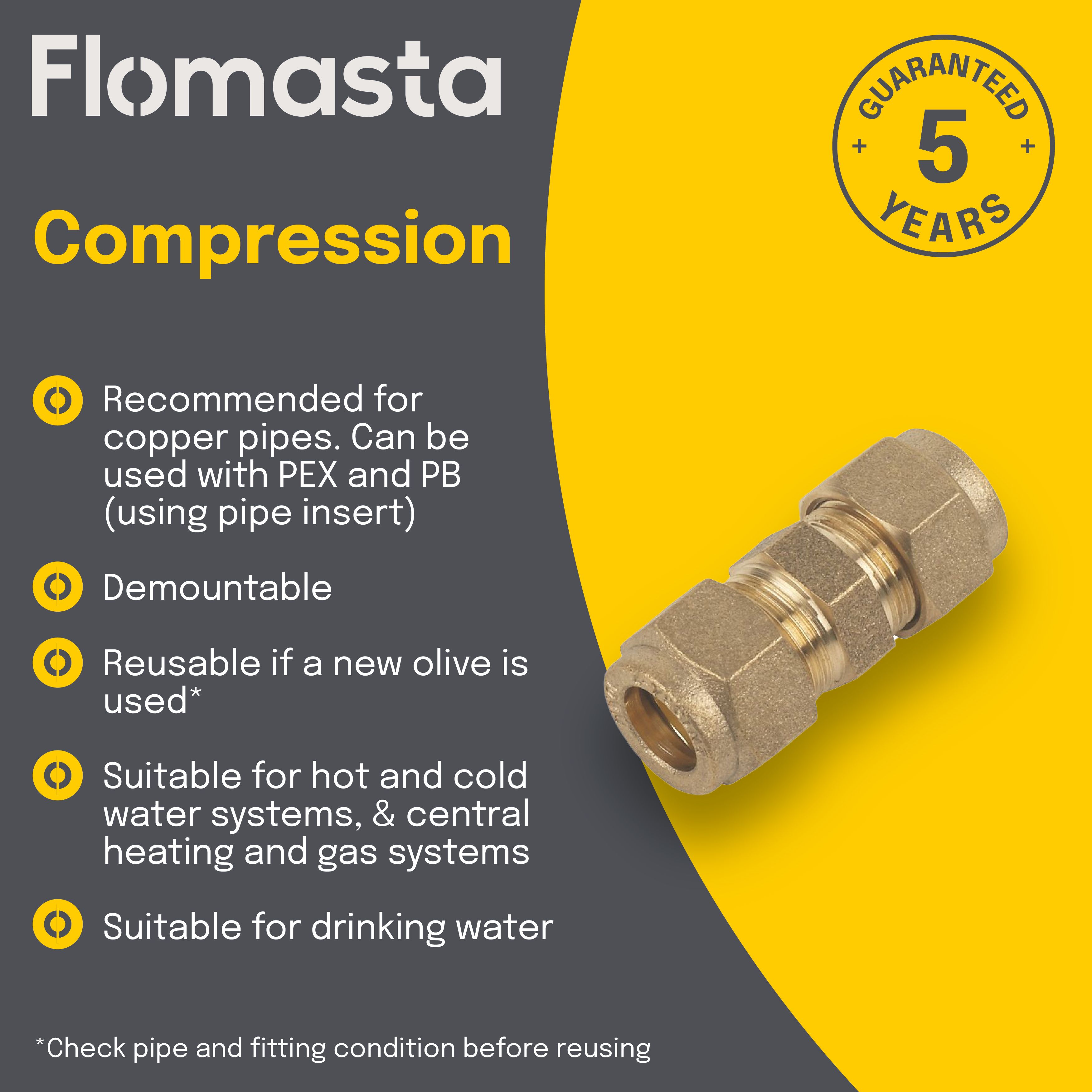 Plumbsure Compression Straight Brass Coupler, 15mm, (D)15mm, Pack of 10