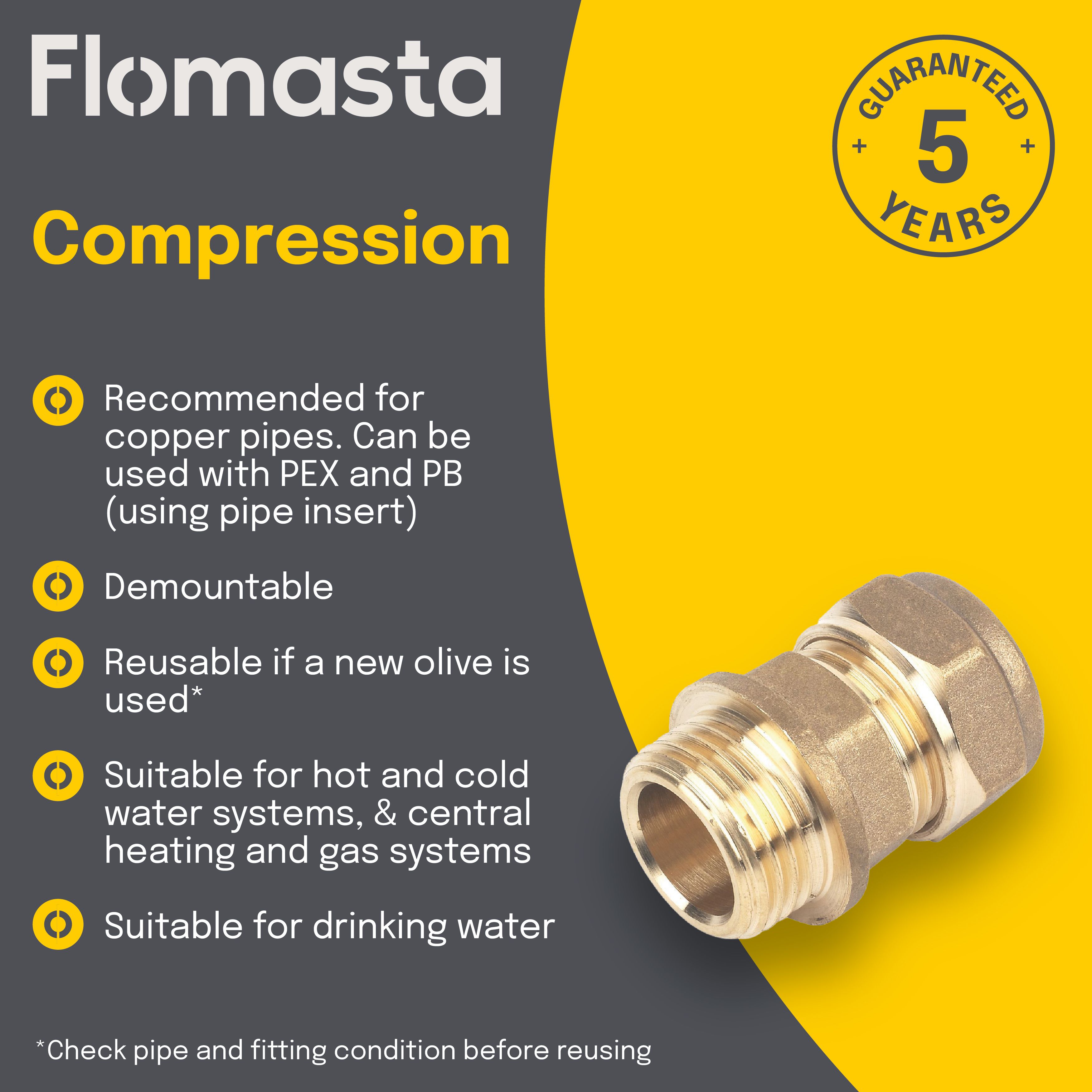 Plumbsure Compression Straight Brass Coupler, (D)15mm x (L)35.3mm