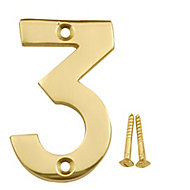 Polished Brass effect Metal House number 3, (H)75mm (W)48mm