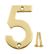Polished Brass effect Metal House number 5, (H)75mm (W)48mm